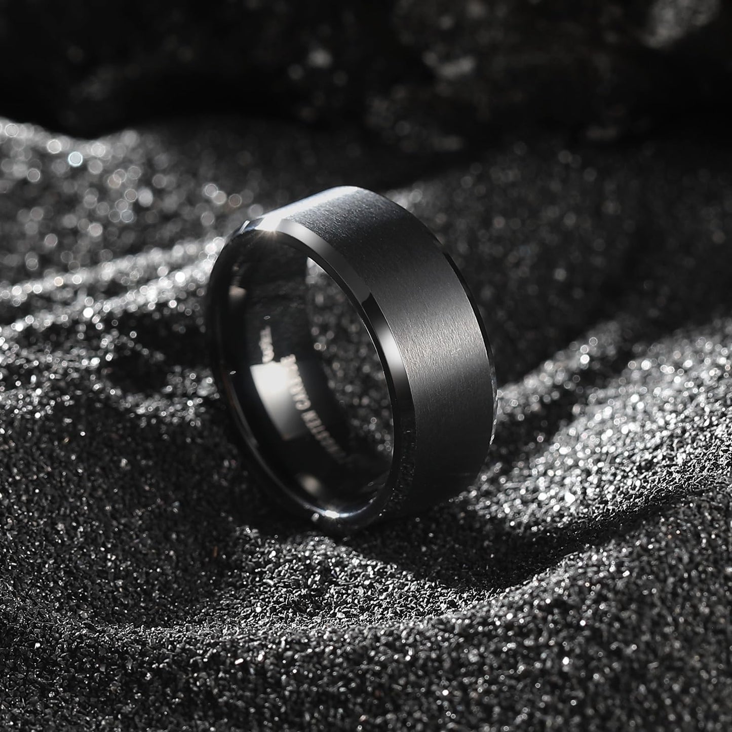 King Will 8mm Men's Black Wedding Ring - Brushed Matte Surface, Beveled Polished Edge, Comfort Fit Size 14
