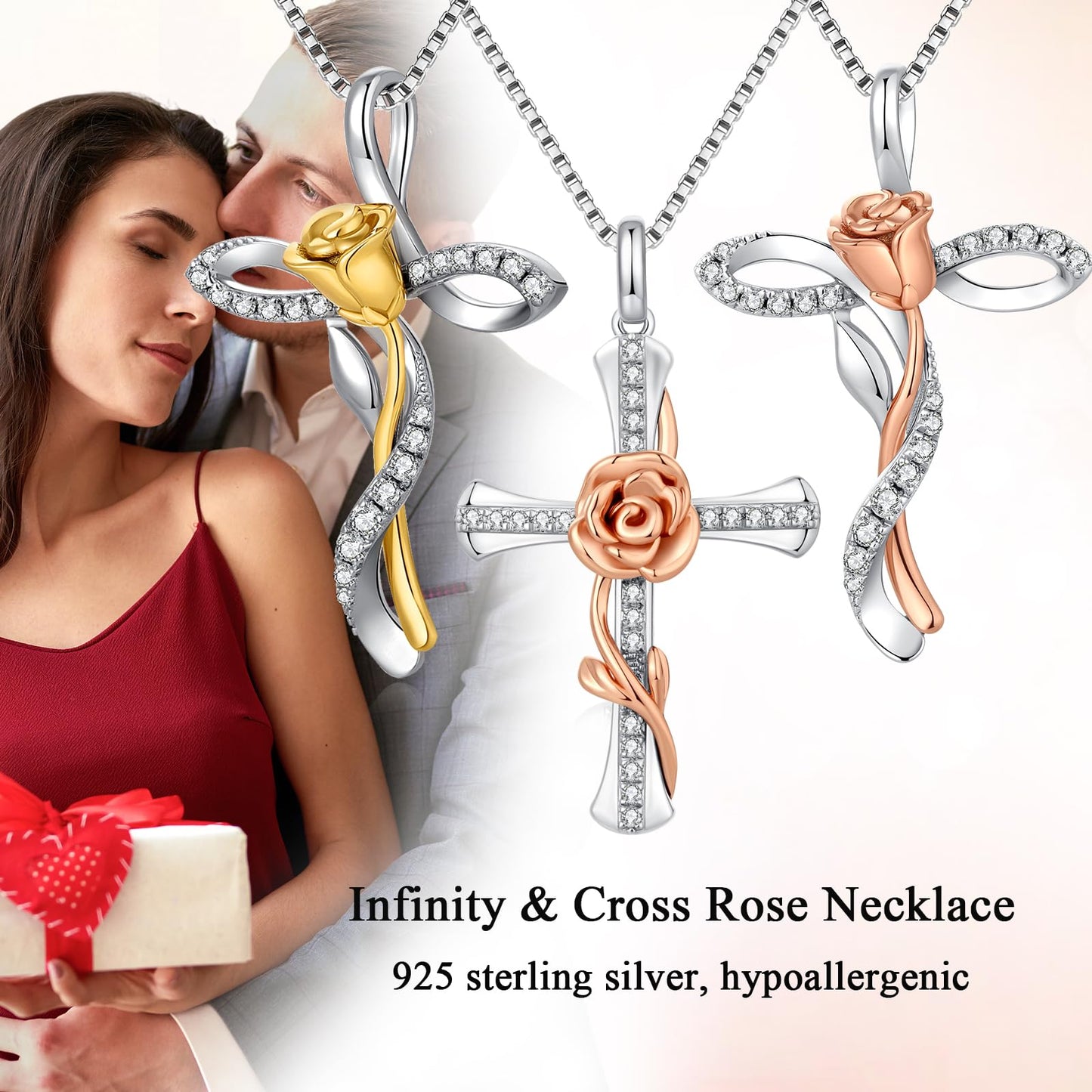 jiamiaoi Cross Necklace for Women Cross Necklace Infinity Rose Necklaces Sterling Silver Flower Necklaces Faith Gifts Religious Jewelry for Women