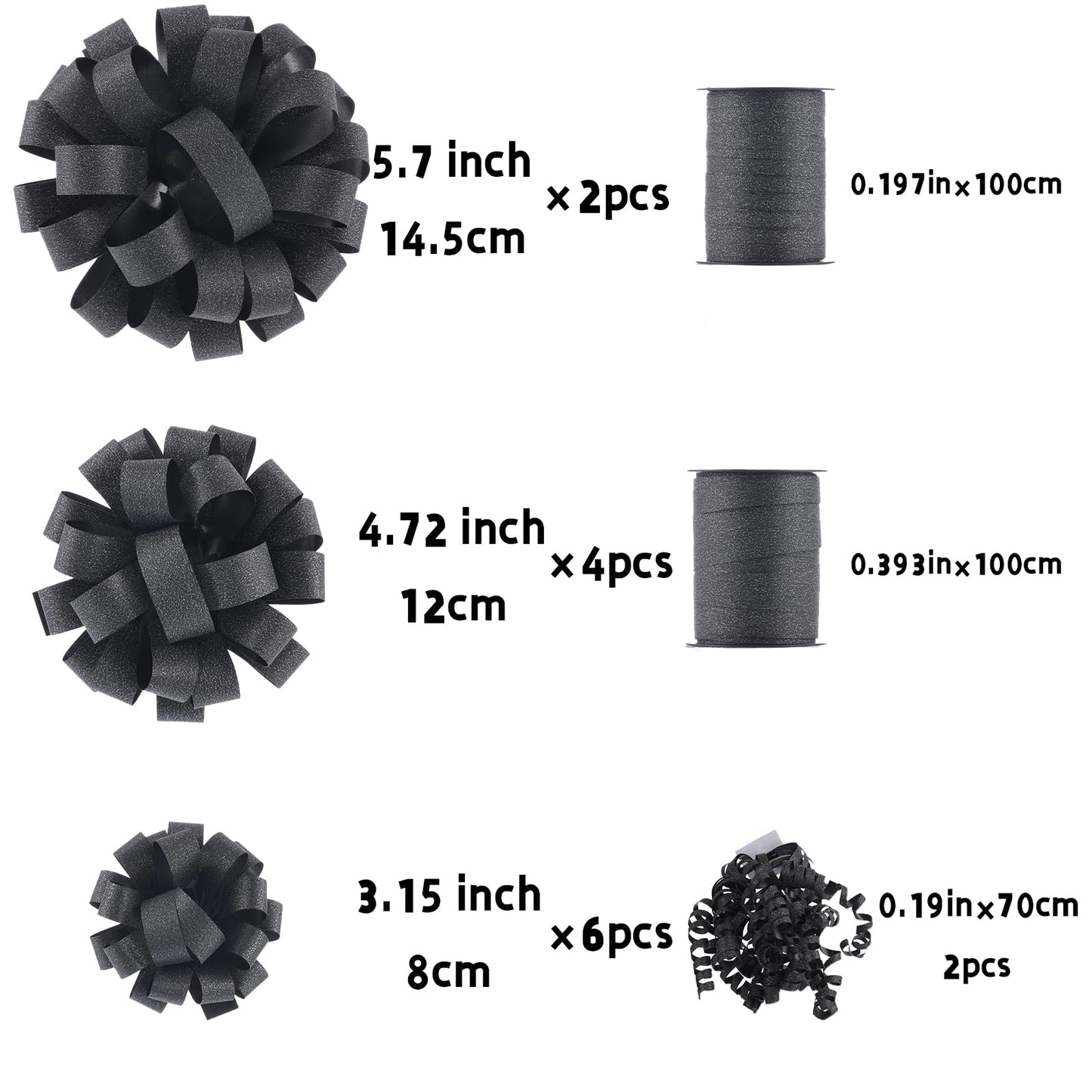 FORBINBO 16 Pcs Gift Bows Assortment - 4 Size Gift Bowsand 2 Crimped Curling Ribbons, Perfect for Christmas, Holiday，Birthdays, Weddings, Baby/Bridal Showers, Party (Black)