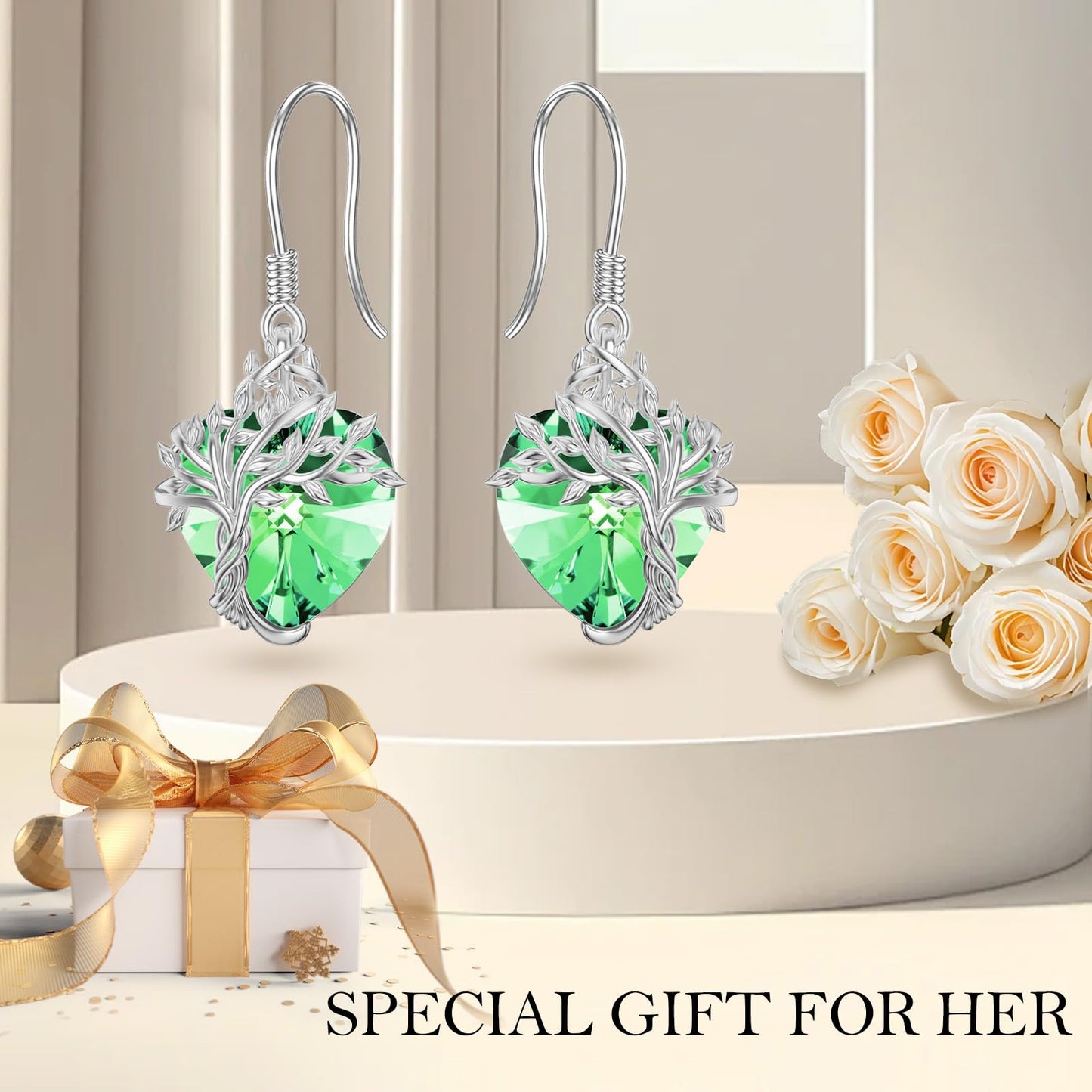 TOUPOP Heart Peridot Earrings Sterling Silver Tree of Life Earrings August Birthstone Jewelry Birthday Mothers Day Gifts for Women Mom Her