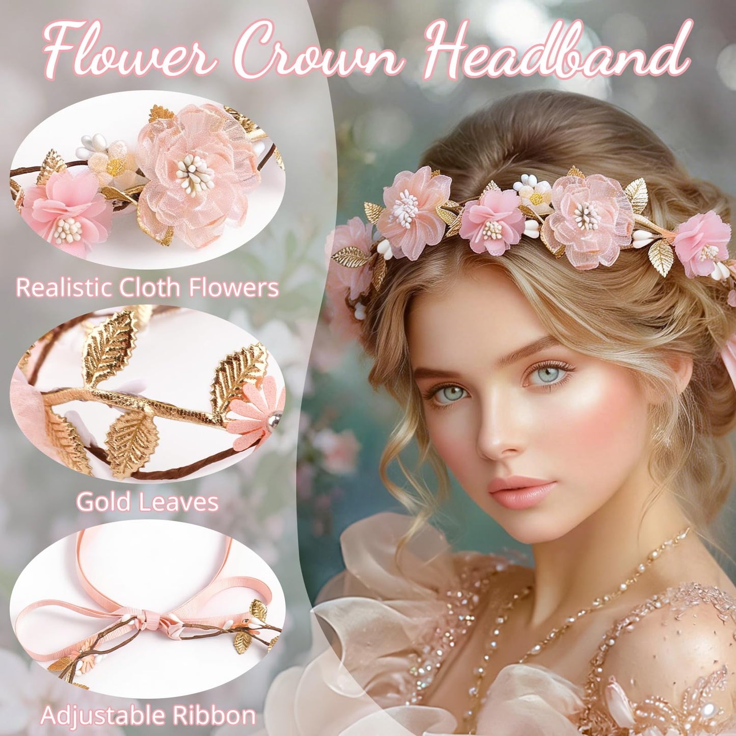 MEMOVAN Pink Flower Crown Headband Rose Floral Headpiece Adjustable with Gold Leaf Bohemian Fairy Flower Renaissance Hair Wreath Accessory for Girls Women Birthday Wedding Party Photo Props