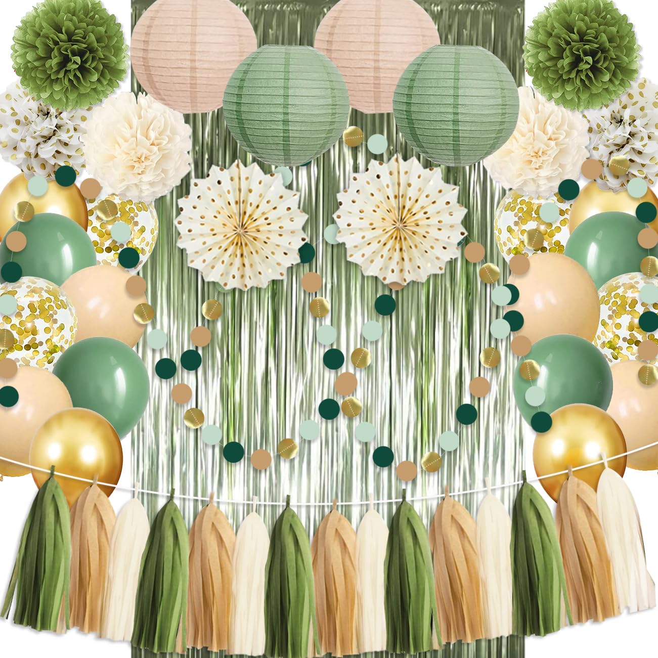 Sage Green Party Decorations Birthday Party Decorations Bridal Shower Balloons Paper Pompoms Fringe Curtain for Birthday Baby Shower Bridal Shower Supplies