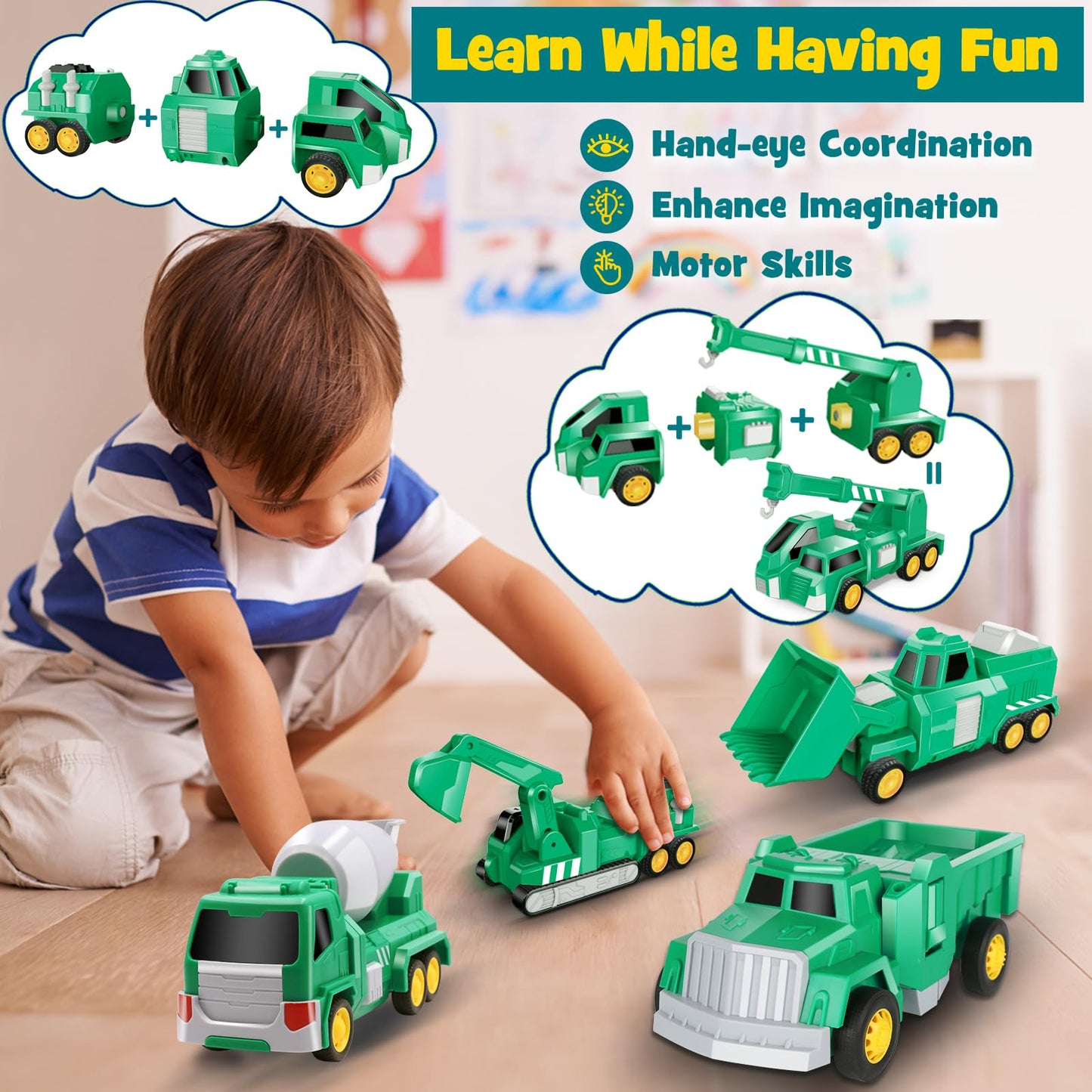 Laradola Toys for 3 4 5 6 Year Old Boys - Transform Robot Kids Toys Cars | STEM Building Toddler Toys for Ages 3+ | 5 in 1 Construction Christmas Birthday Gifts for Boys Girls