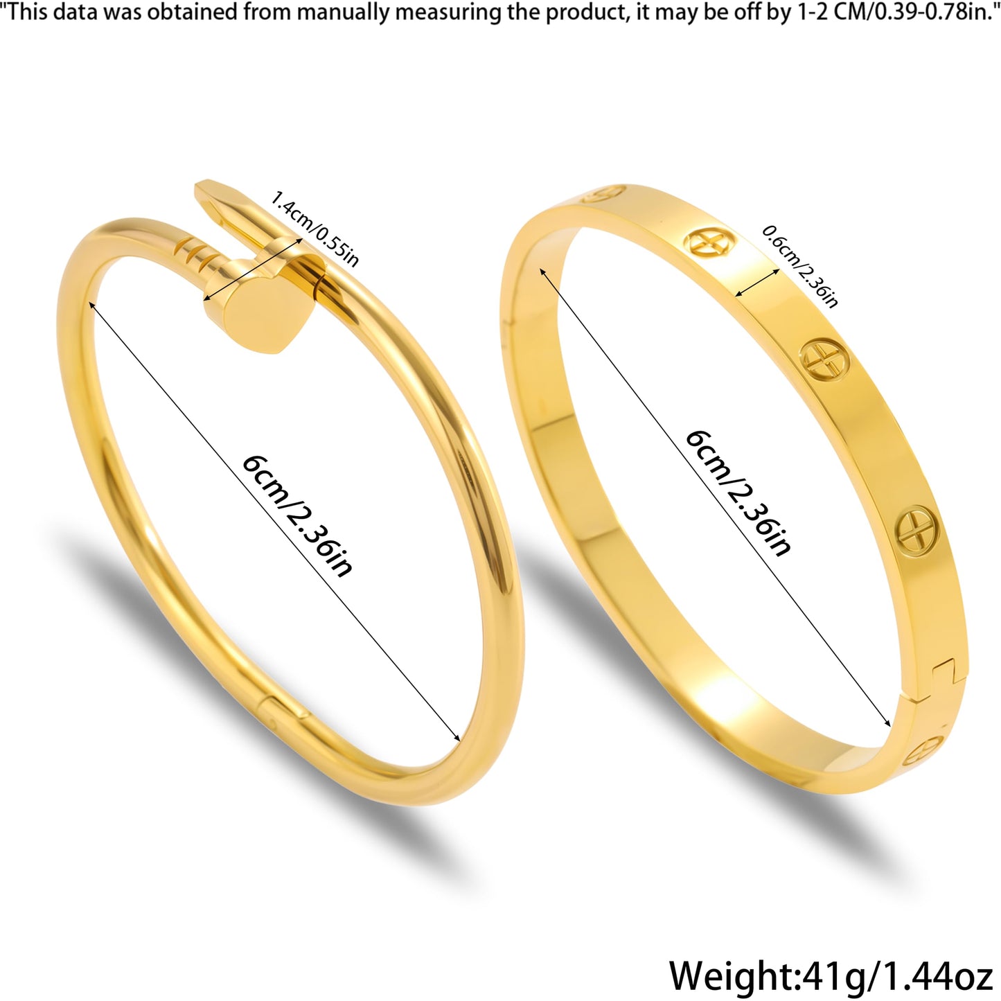 Acnode Gold Bangle Bracelets for Women -2PCS Friendship & Love Bangle Bracelet Clover Nail Bracelet Stack Set Trendy Non-Tarnish Stainless Steel Jewelry Gifts for Mom Wife Her
