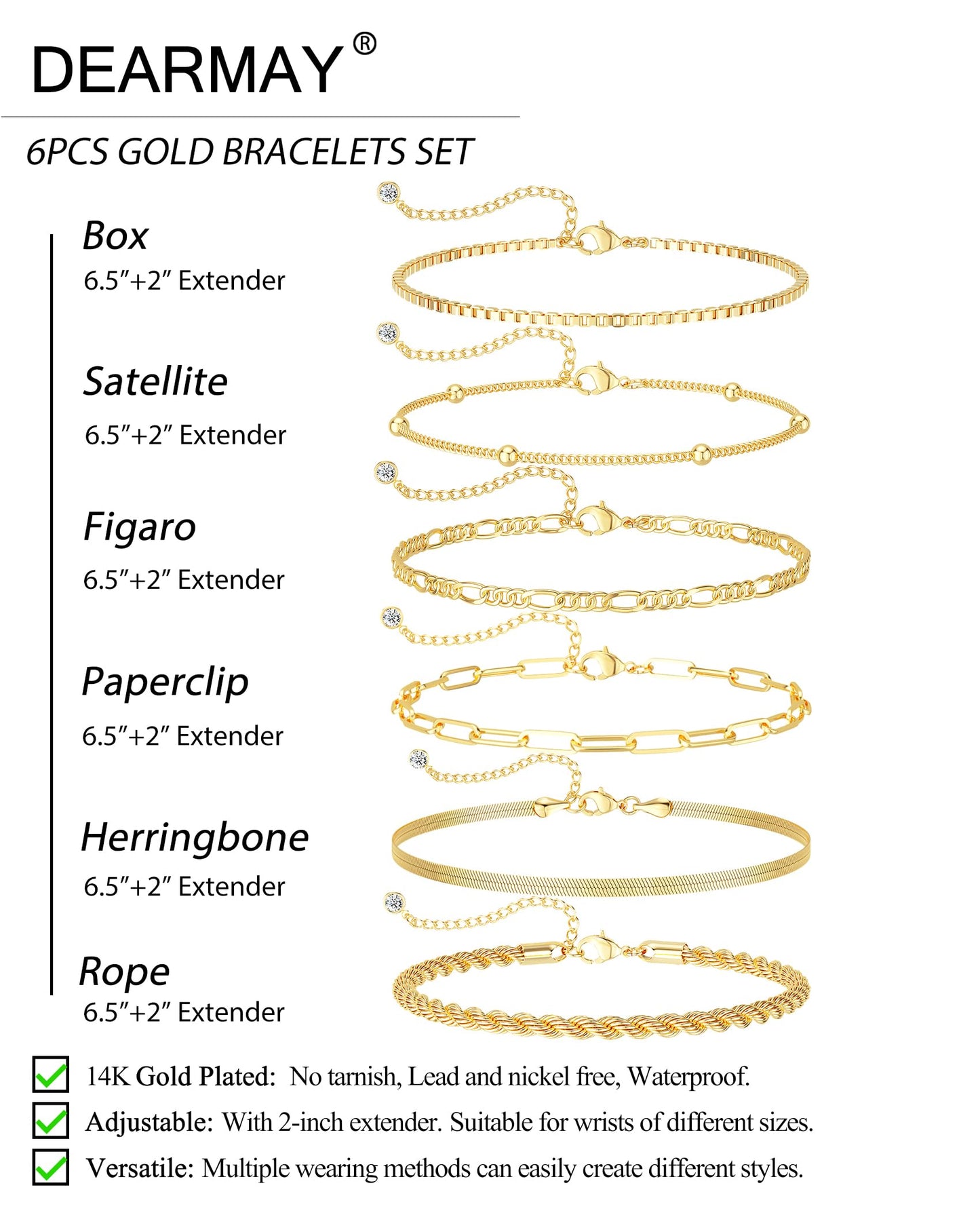 DEARMAY Gold Bracelets for Women Non Tarnish Jewelry Sets 14K Gold Plated Bracelets Stack Trendy Dainty Stackable Paperclip Rope Snake Box Figaro Chain Bracelets Set Pack Costume Fashion Gifts