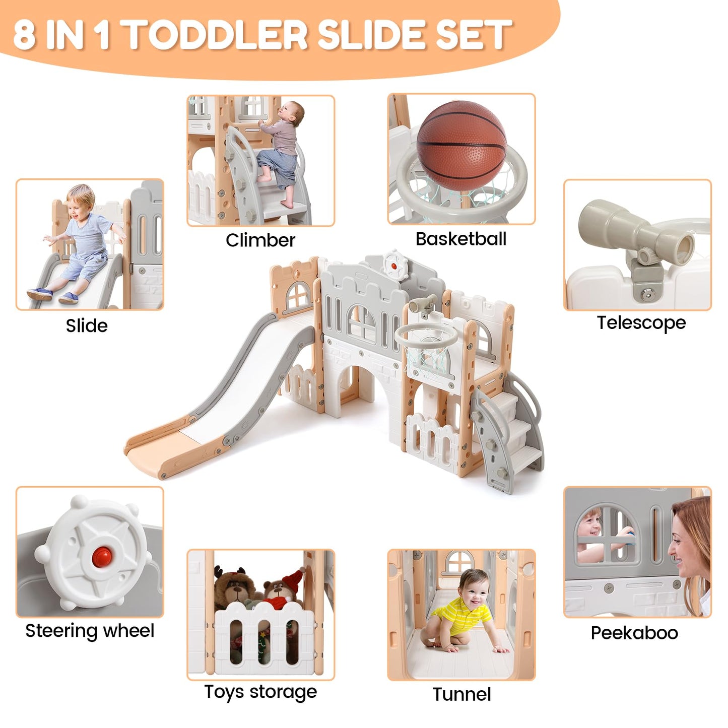 GarveeLife 8-in-1 Toddler Indoor Playground with Slide: Baby Slide Playset for Toddlers Ages 1-3 Outdoor Play, Kids Slide Includes Basketball Hoop, Climber, Crawling Tunnel, Telescope, Toy Storage