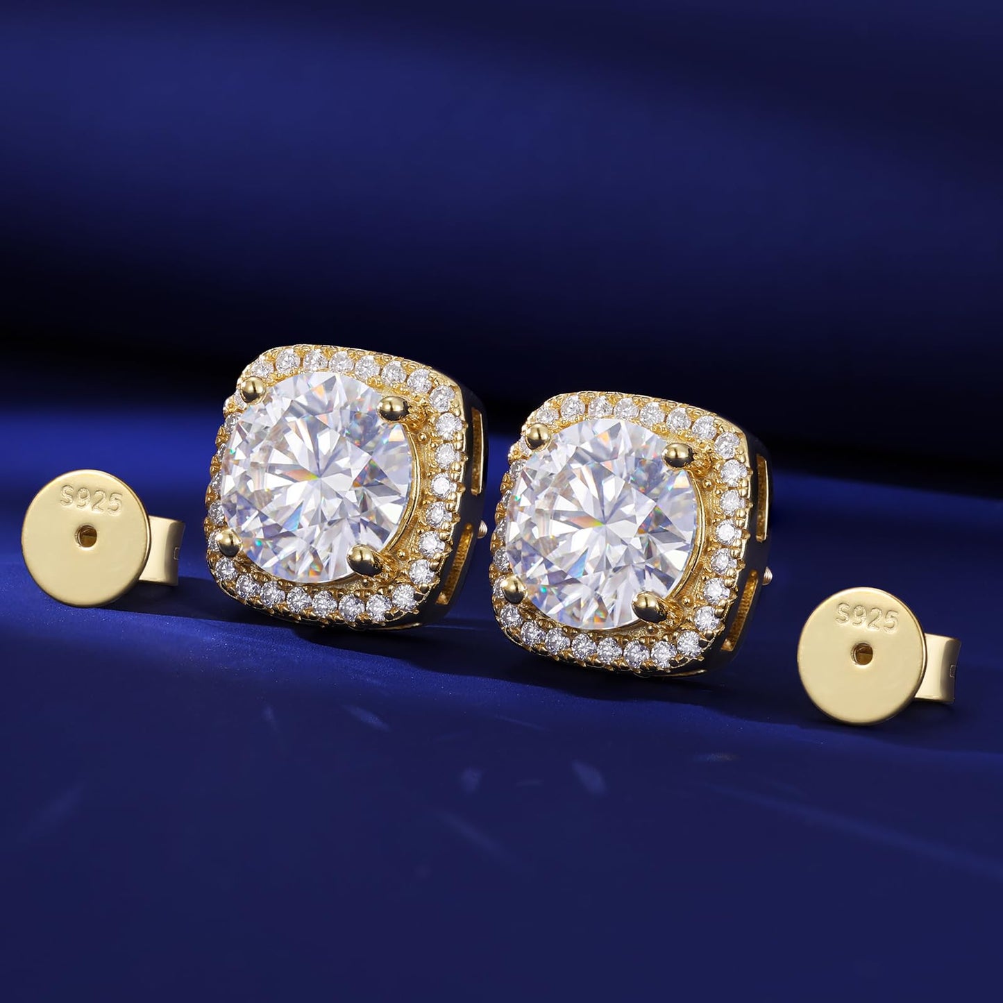 Gugots Moissanite Halo Square Stud Earrings Screw Back 925 Sterling Silver Lab Brilliant D Color VVS1 Clarity Hypoallergenic Earrings for Women Men 18K Gold Plated 0.8CT 6MM*2