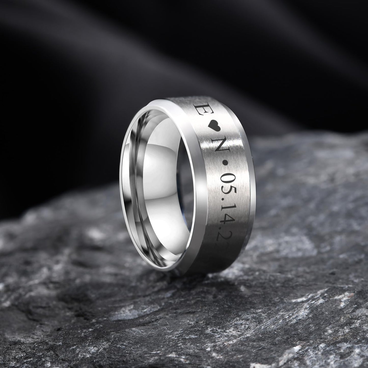 VNOX Customize Personalized Name Date LOVE 8MM Stainless Steel Simple Matte Brushed Finish Wedding Band Engagement Rings for Men Women,Size 8,Silver
