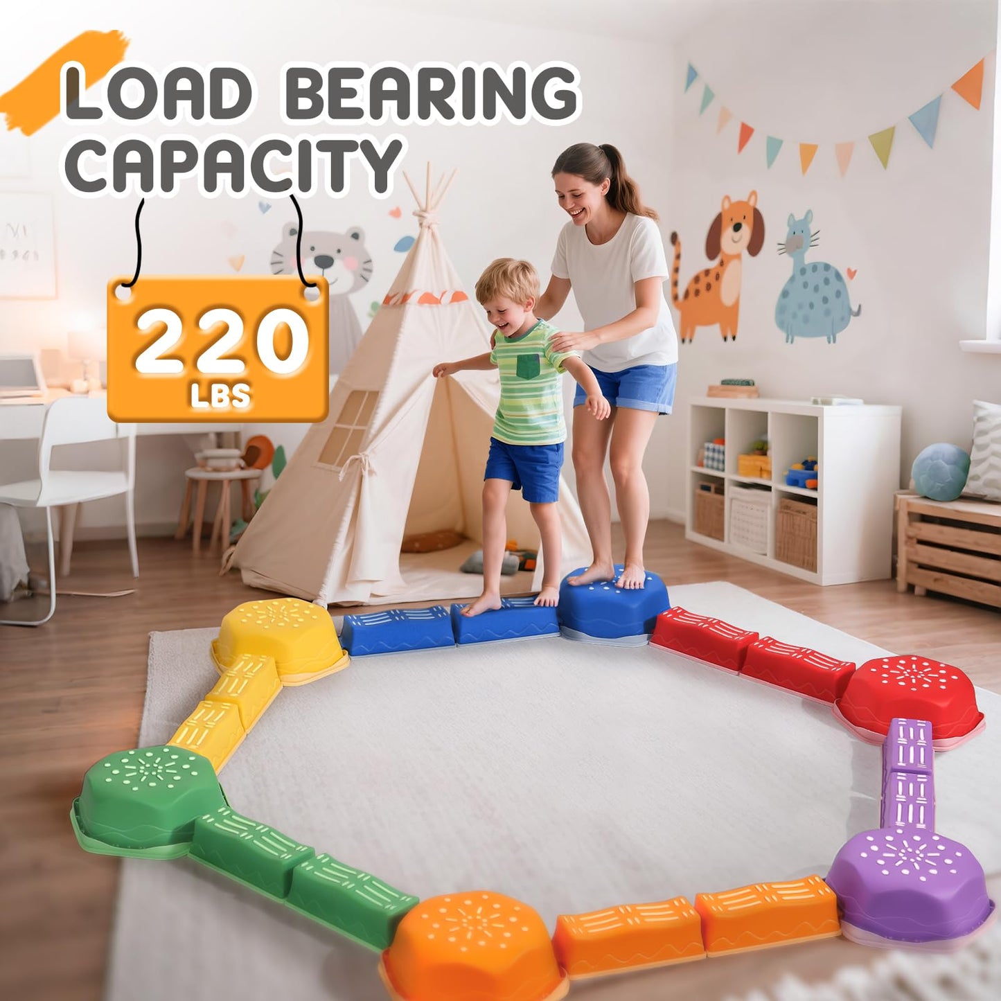 HappyField Balance Beam for Kids 18Pcs Non-Slip Stepping Stones Obstacle Course for Toddlers 3 Years + Indoor Outdoor Balance Board Kids Sensory Montessori Interactive Toys (Green)
