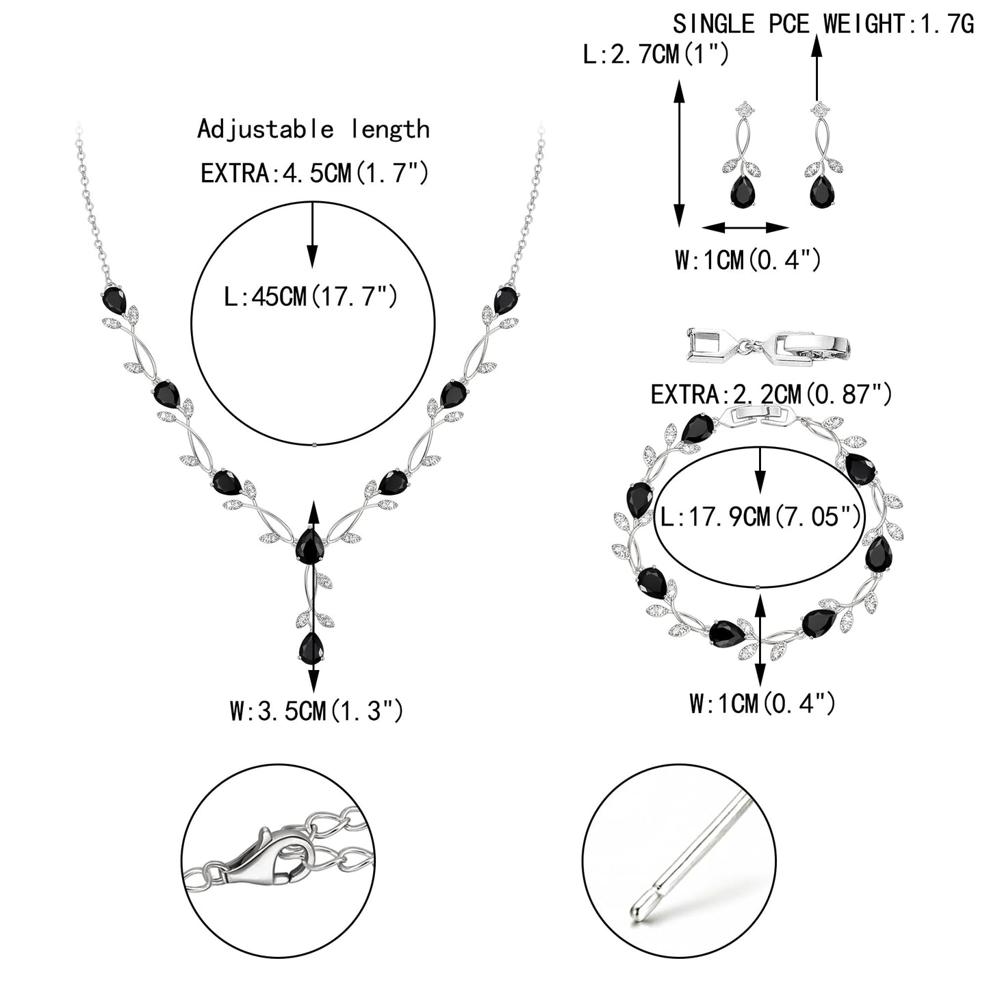 EVER FAITH Prom Party Jewelry Set for Bride Bridesmaid, Black Teardrop Cubic Zirconia Leaf Vine Bridal Necklace Dangle Earrings Bracelet Sets for Women