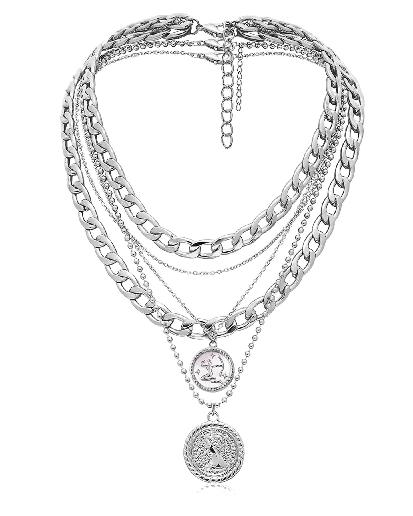 MJartoria Gold Layered Necklaces for Women Trendy Retro Coin Pendant Necklace Dainty Chunky Chain Choker Necklaces for Jewelry Birthday Gifts (Silver, Zodiac-Sagittarius-3PCS Layered)