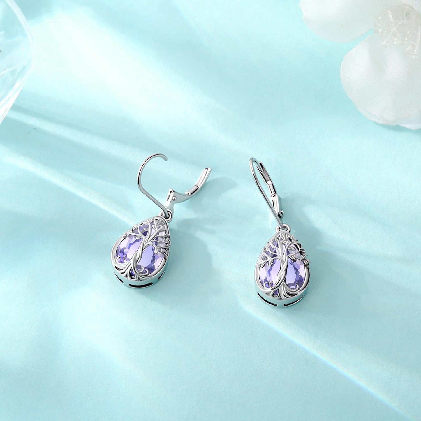 Eusense Tree of Life Earrings 925 Sterling Silver Drop Dangle Earrings with Alexandrite Purple June Birthstone Leverback Tree of Life Jewelry Gift for Women