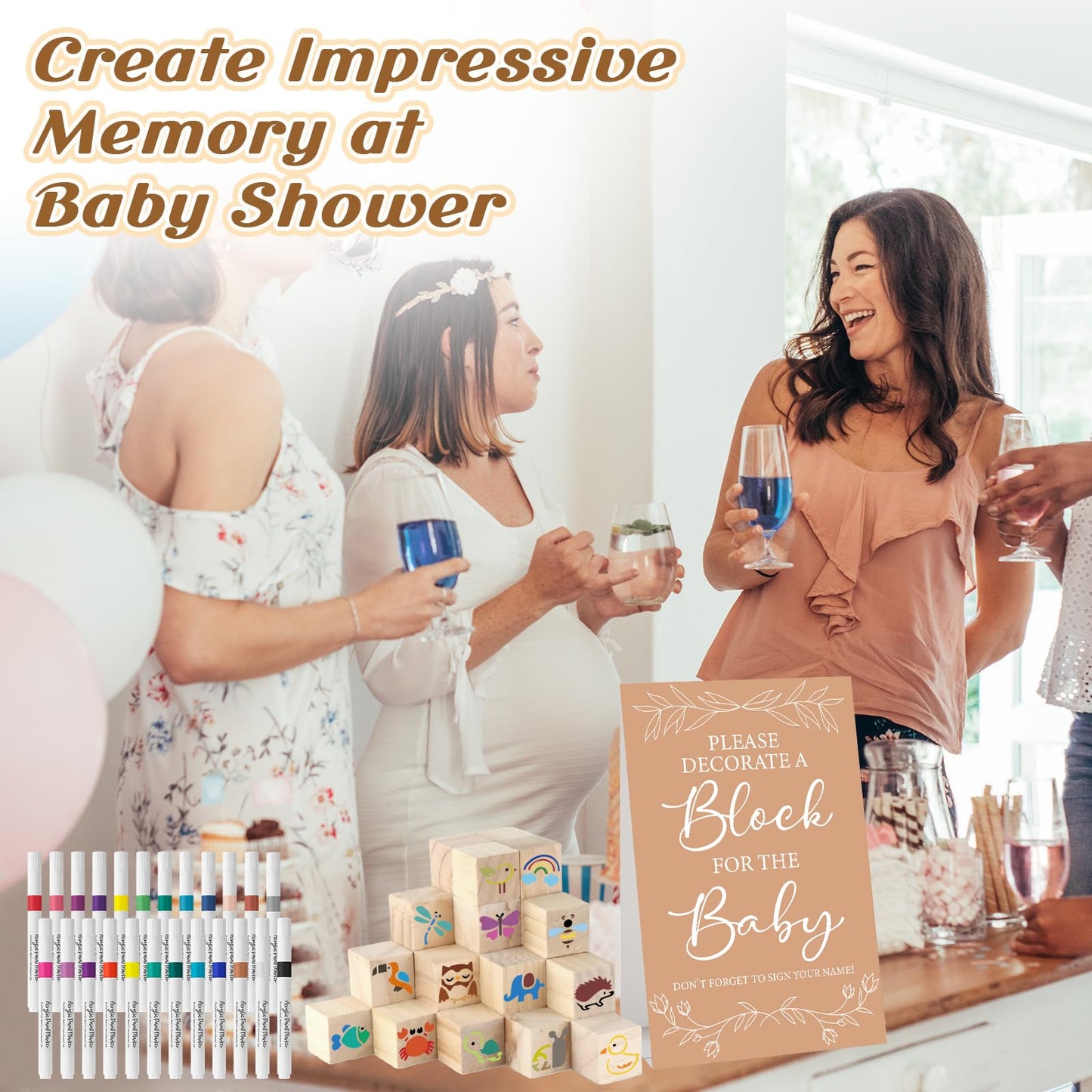 Aisharery 117 Pcs Baby Shower Blocks to Decorate Game Kit Includes 52 Wooden Blocks 24 Markers 1 Game Sign 40 Templates to Paint (Kraft)
