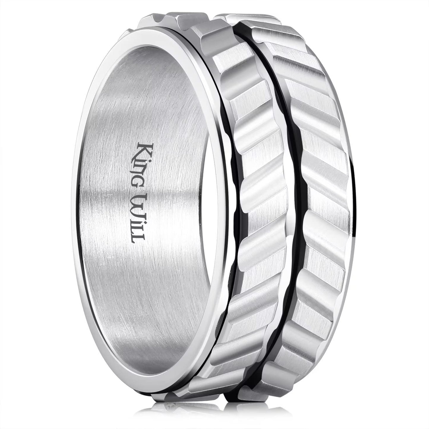 King Will Mens Silver 8mm Spinner Rings Tire Thread Stainless Steel Groove Anxiety Fidget Ring for Men 11