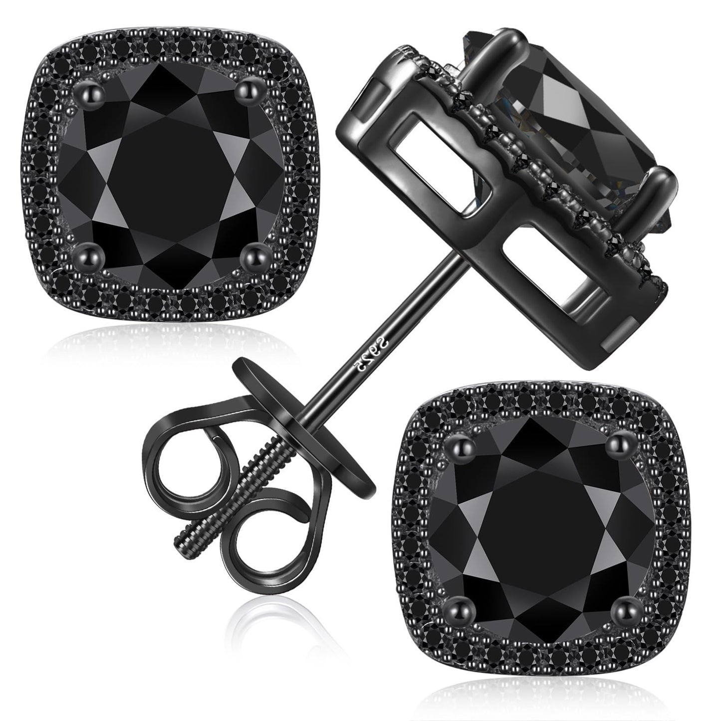 Gugots Moissanite Halo Square Stud Earrings Screw Back 925 Sterling Silver Lab Brilliant D Color VVS1 Clarity Hypoallergenic Earrings for Women Men Black 0.8CT 6MM*2