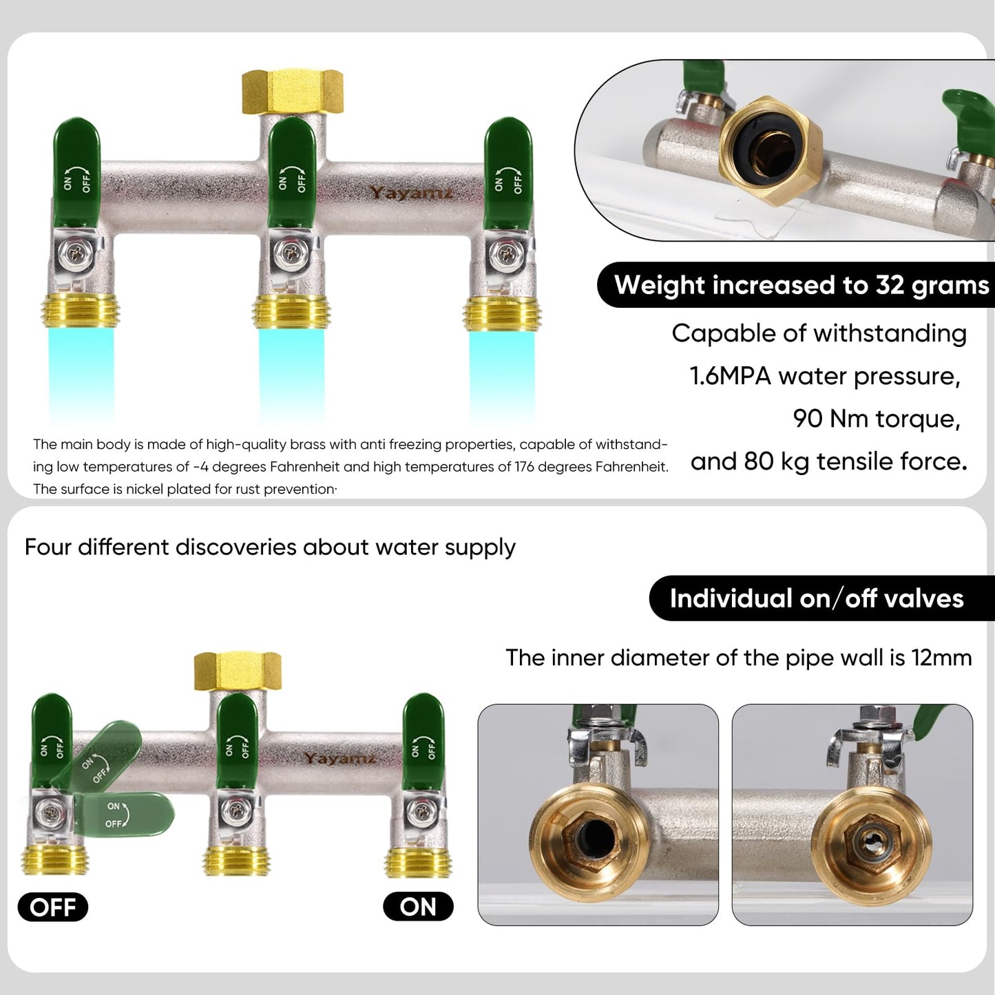 Yayamz 3 Way Garden Hose Splitter, Heavy Duty Brass Nickel Plated Rust Resistant Faucet Manifold, 3/4" Frost Resistant Outdoor Hose Adapter Connector，Hose Spigot Adapter with 3 Large Green Handles