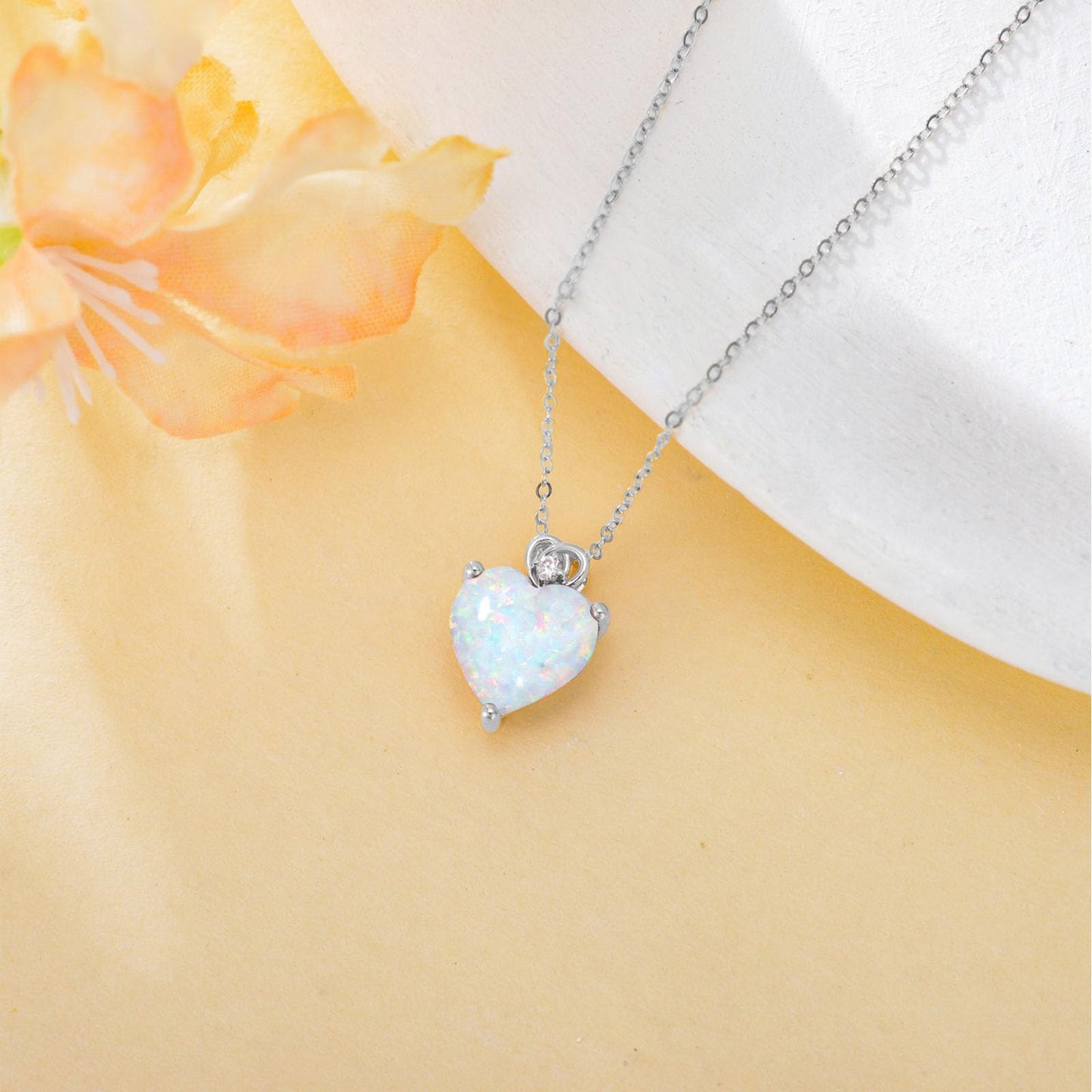 NFYBD 14k White Gold Love Heart Opal Birthstone Pendant Necklace for Women 3 Carat Heart-cut Created Gemstone Anniversary Birthday Mother's Day Necklaces for Her-October
