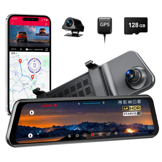 LD4K Max Mirror Dash Cam with 4K Front and 2.5K Rear Camera, STARVIS 2 Sensor, with ADAS BSD LCA Smart Mode, GPS, G-Sensor, Loop Recording, Parking Monitor, Voice Control, 5.8GHz WiFi,128GB Card