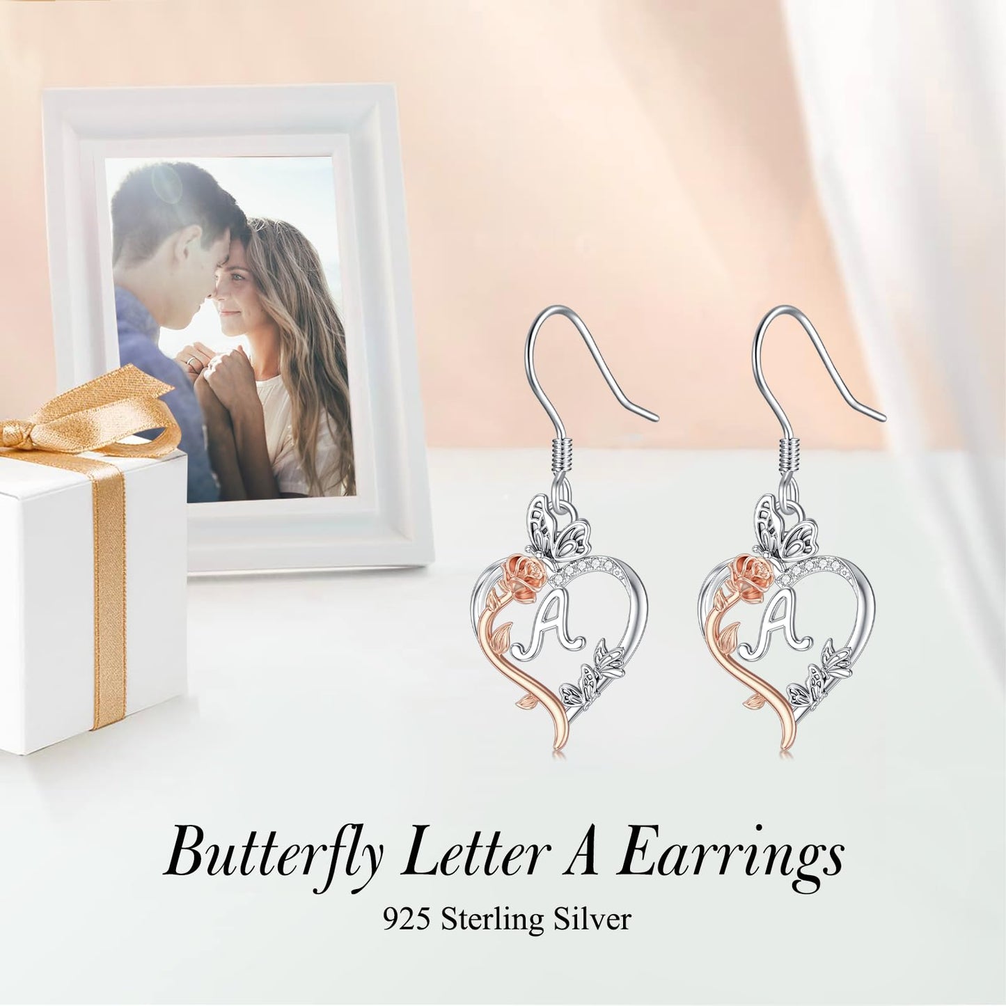 TOUPOP Rose Heart Initial Earrings Sterling Silver Butterfly Earring Initial A Letter Drop Dangle Earrings Jewelry Anniversary Birthday Mothers Day Gifts for Women Mom Wife Girlfriend Her