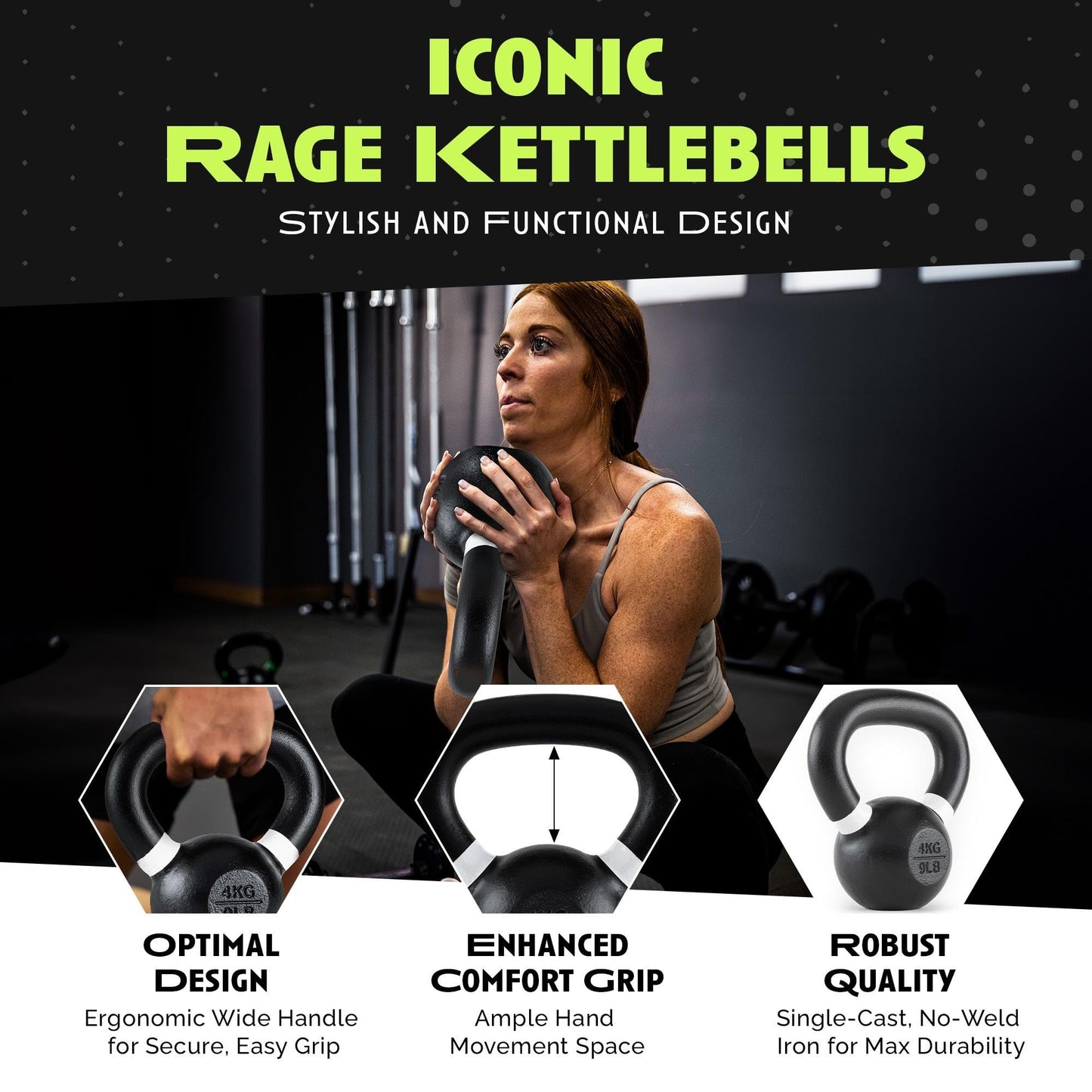 Rage Fitness 4 kg/8.8 lbs Kettlebells, Single-cast Iron, No-welded Joints, Wide Handle, Strength Training Kettlebells, Cast Iron Kettlebell Set, Powder Coated Kettlebell Weights For Maximum Durability, Men & Women