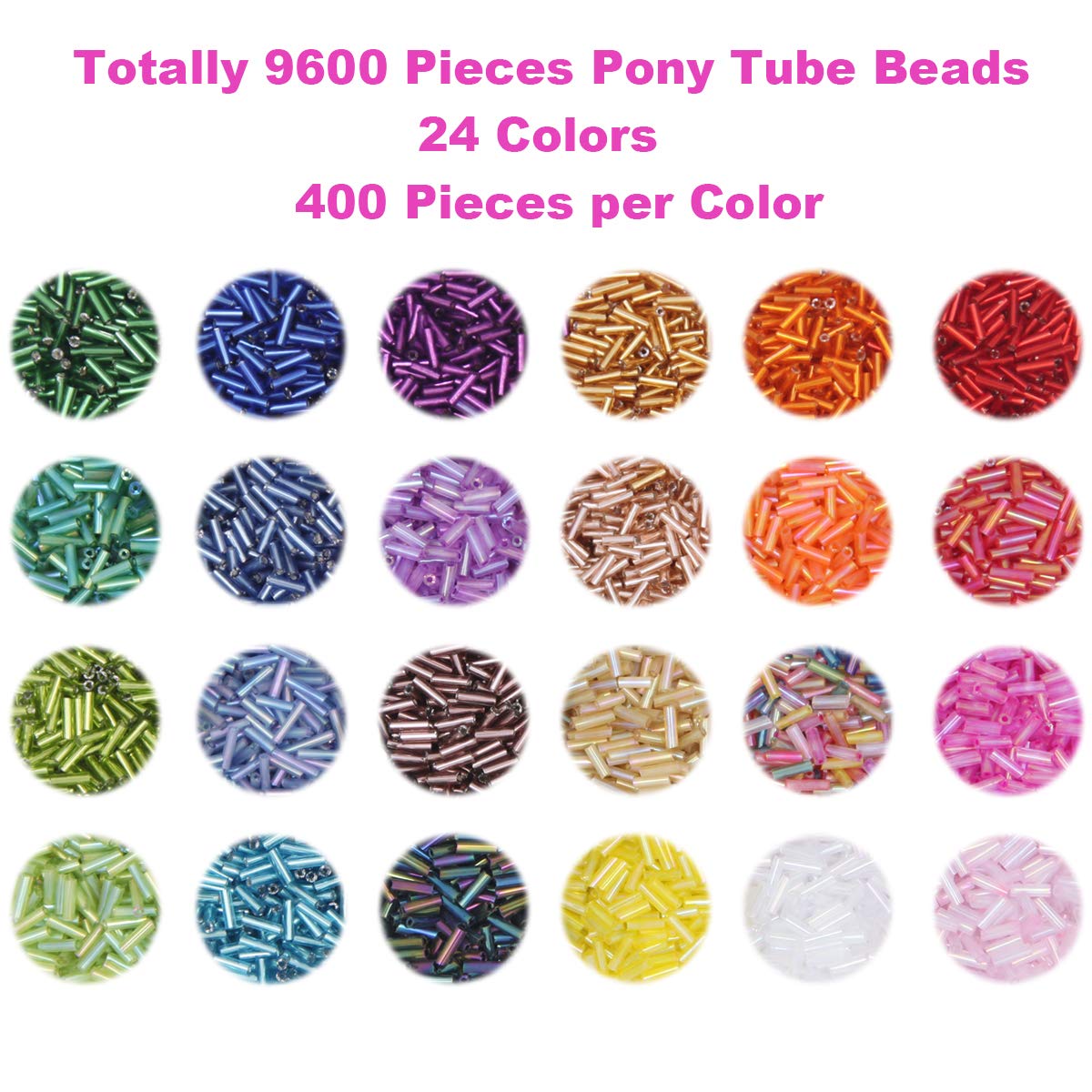 EuTengHao 9600pcs Tube Beads Kit Glass Bugle Seed Beads Small Craft Beads for DIY Bracelet Necklaces Crafting Jewelry Making Supplies with Two Crystal String (7mm, 400 Per Color, 24 Colors)