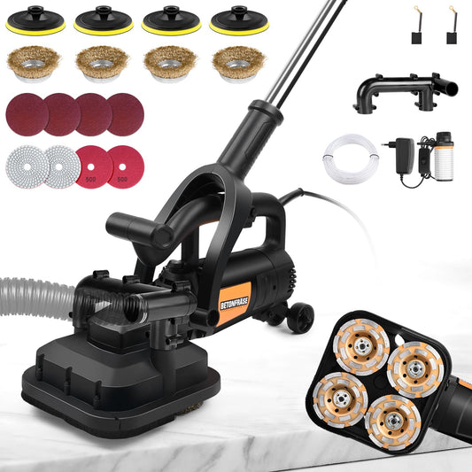 4-Head Concrete Grinder Set with Long Handle & Dust Extraction Shround, 4'' 3800W 6000RPM Concrete Floor Grinder Concrete Surface Planer 6 Gears & Auxiliary Wheels for Grinding Concrete Cement Marble