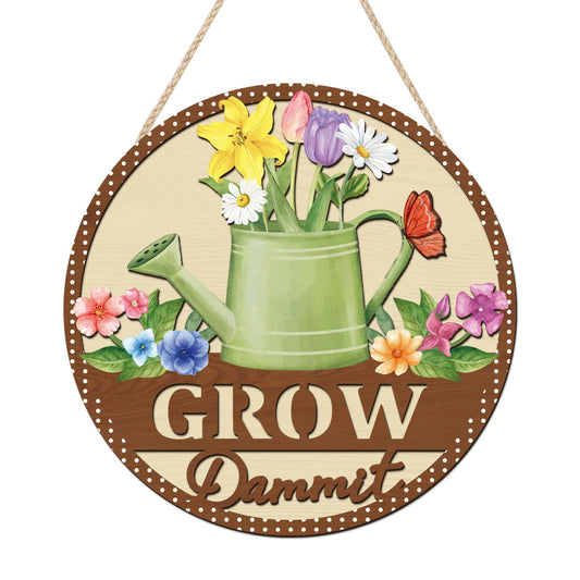 HOURIA 3D Grow Dammit Sign(11.4”x11.4”), Garden Wooden Decor,Funny Gardening Gifts for Women Men Gardeners