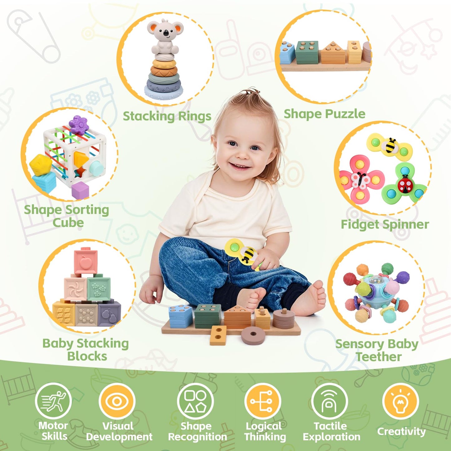 YHHYTOY 6-in-1 Montessori Baby Toys 0-6 6-12 Months, Infant Teething Toys Soft Stacking Blocks Rings Shape Sorter Sensory Fidget Spinners for Toddler 1-3, First Baby Gift Set for 6 Month Old Girl Boy