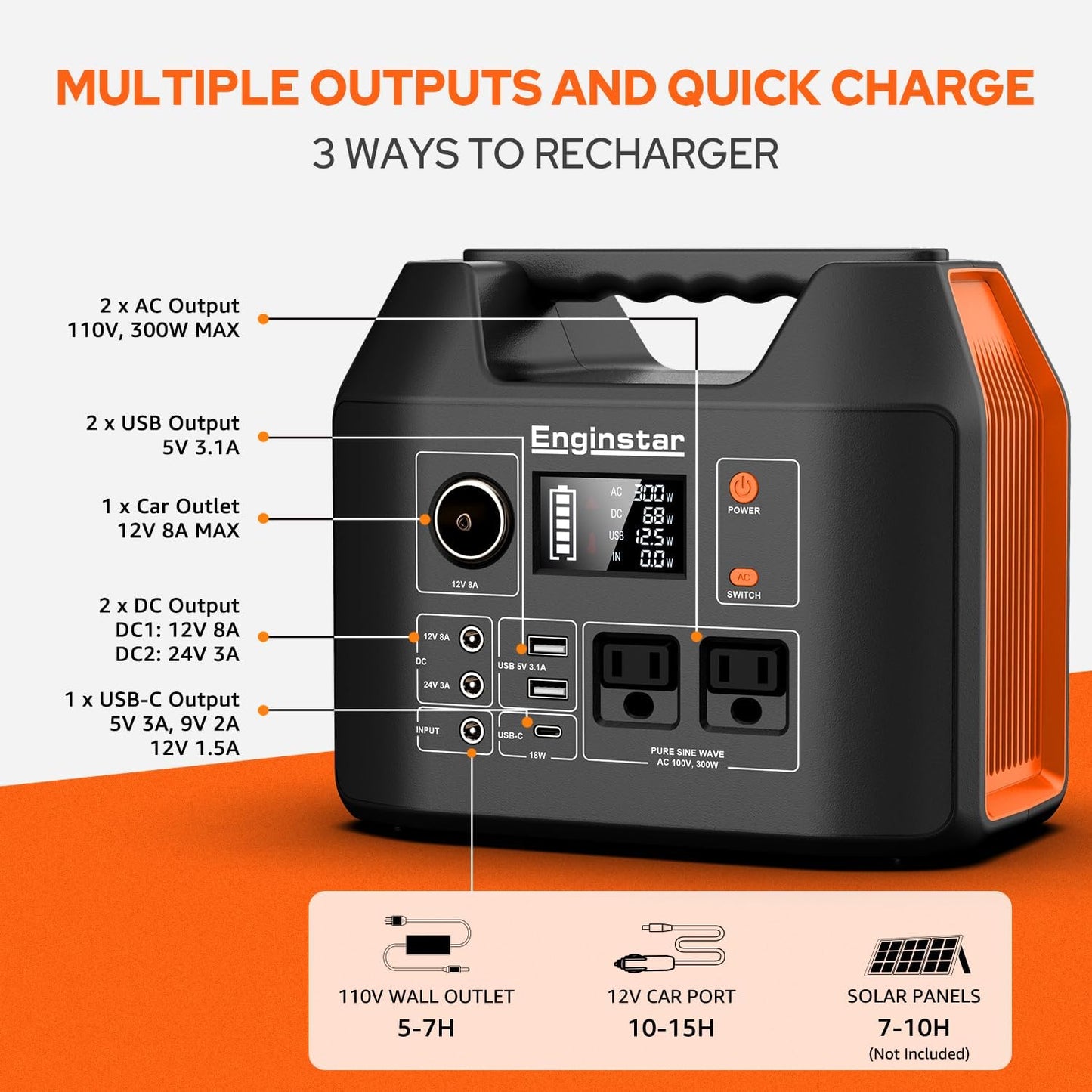 EnginStar Portable Power Station 300W 296Wh Battery Bank with 110V Pure Sine Wave AC Outlet for Outdoors Camping Hunting and Emergency, 80000mAh Backup Battery Power Supply for CPAP