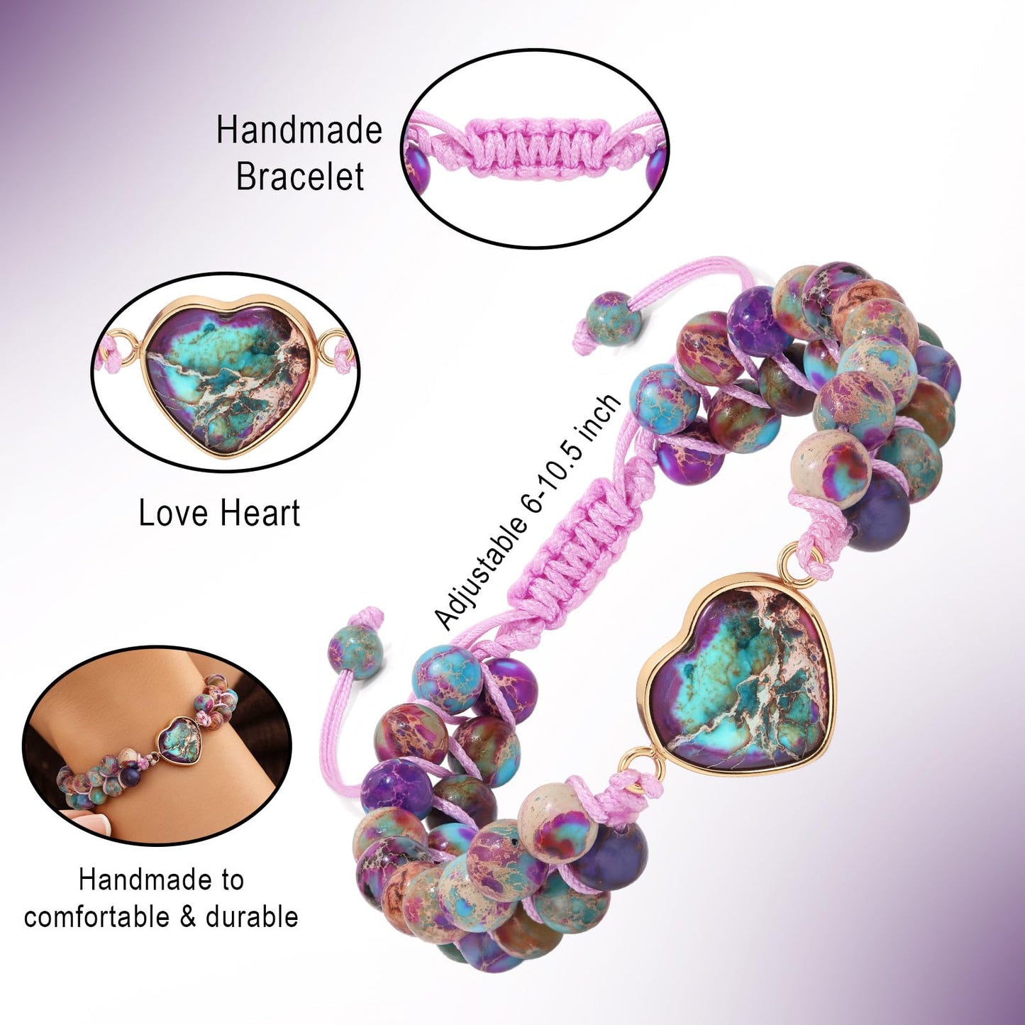 Bolinailo Natural Stone Bracelets for Women Crystal Beaded Bracelets Jasper Heart Adjustable Bracelet Imperial Stone Healing Crystal Jewelry Mothers Day Christmas Graduation Gifts for Women Men