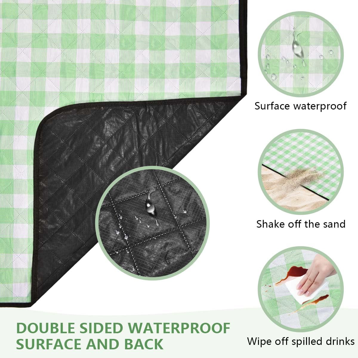 OBTANIM Extra Large Picnic Blanket 80 x 80 Inch Waterproof Foldable Beach Blankets Outdoor Picnic Mat for Camping Grass Lawn Park Music Festival Party Accessories (Green and White)