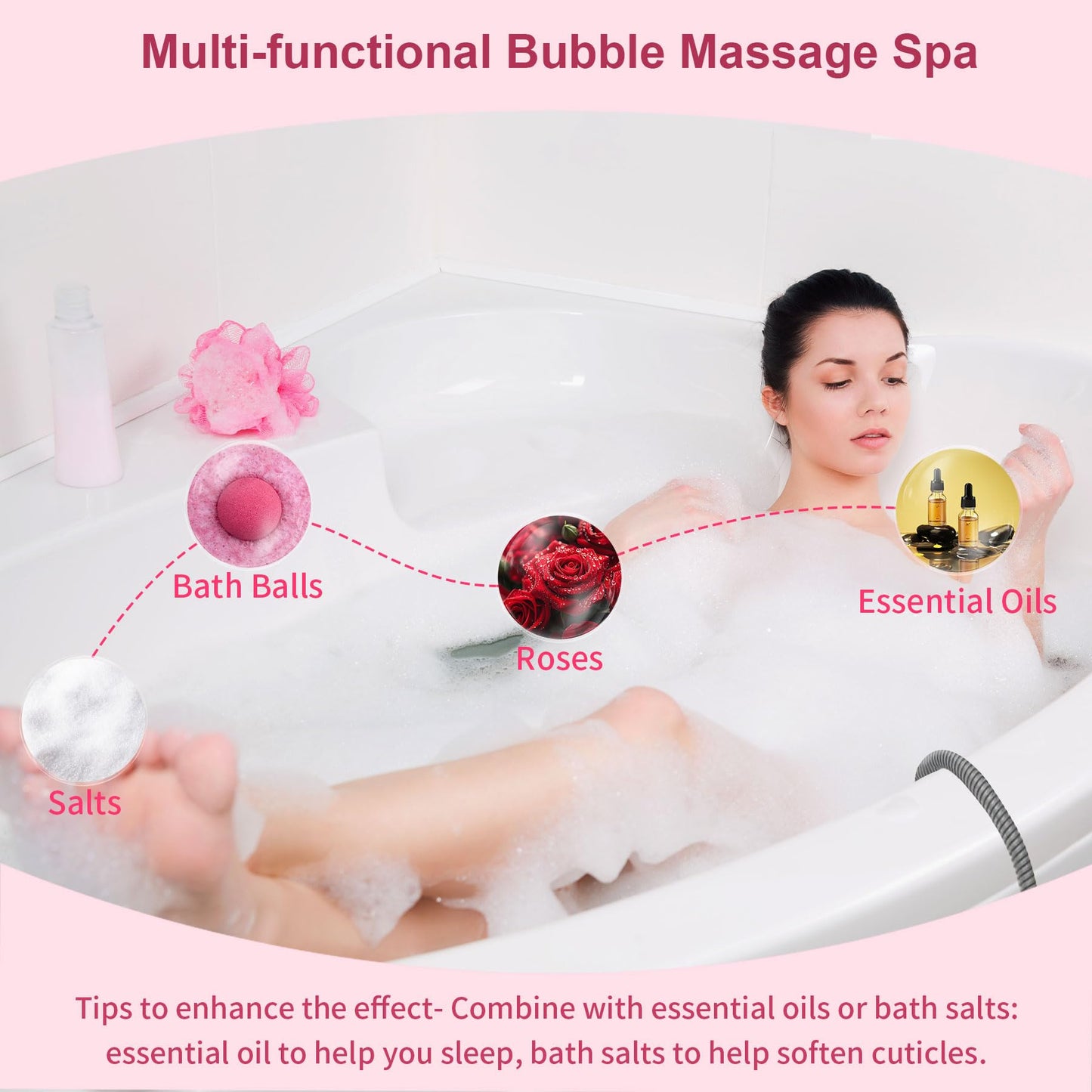 Electric Bubble Massage Mat with Pillow for Bathtub - Portable Spa Bubble Bath Massager, 6-Speed Adjustable Jet Spa & Remote Control, 13 Suction Cups, 74 Air Jets for Full-Body Relaxation