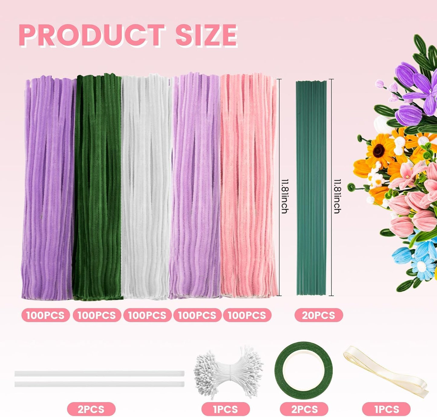 Pipe Cleaners Craft, 500 PCS Pipe Cleaner Flower Kit with 5 Colors Chenille Stems, Floral Wires, Ribbon, Gardening Tape & Stamen for DIY Bouquets, Arts and Crafts Supplies