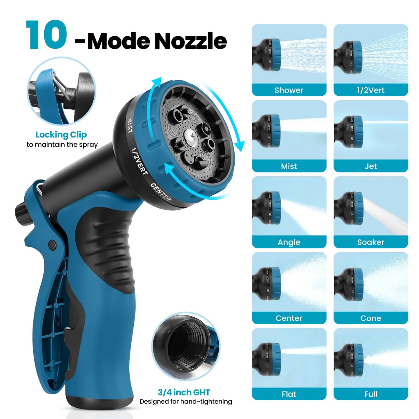 Garden Hose 50FT, Water Hose with 10 Function Nozzle, Garden Hose Metal with Leak-proof Connectors, No-Kink, Lightweight, Puncture-proof, Pet-proof, Sturdy, Hose for Outdoor, Yard