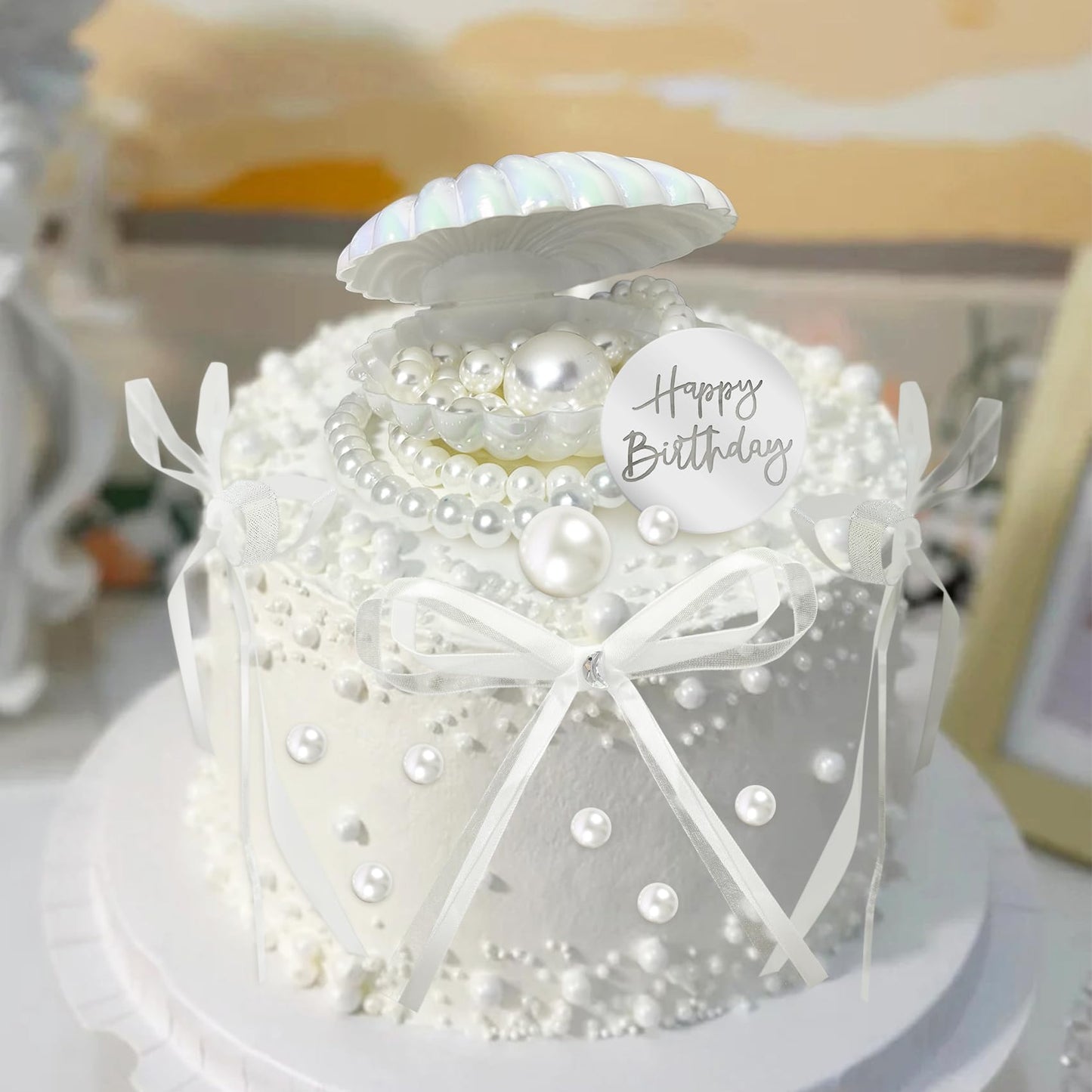 Knana 39Pcs Bow Cake Topper Shell Pearl Cake Decorations with Happy Birthday Cake Topper for Baby Shower Party Favors