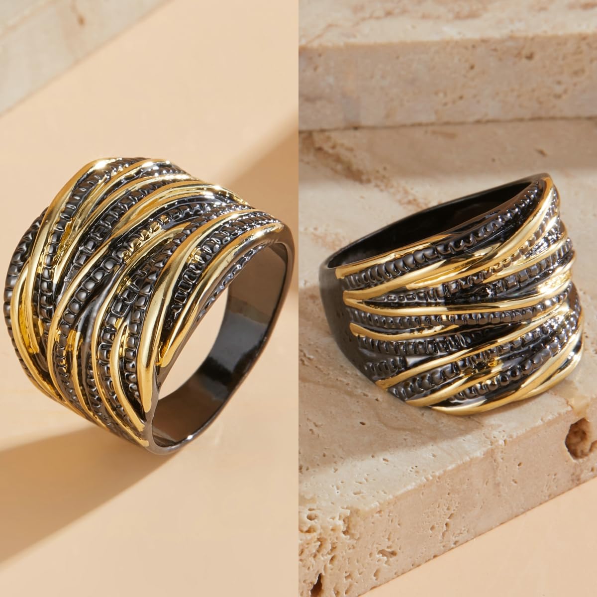 Mytys 2 Tone Intertwined Crossover Statement Ring Fashion Chunky Band Rings for Women Black Gold Silver Rose Gold Plated Wide Index Finger Rings Costume Jewelry (Gold and black, 9)