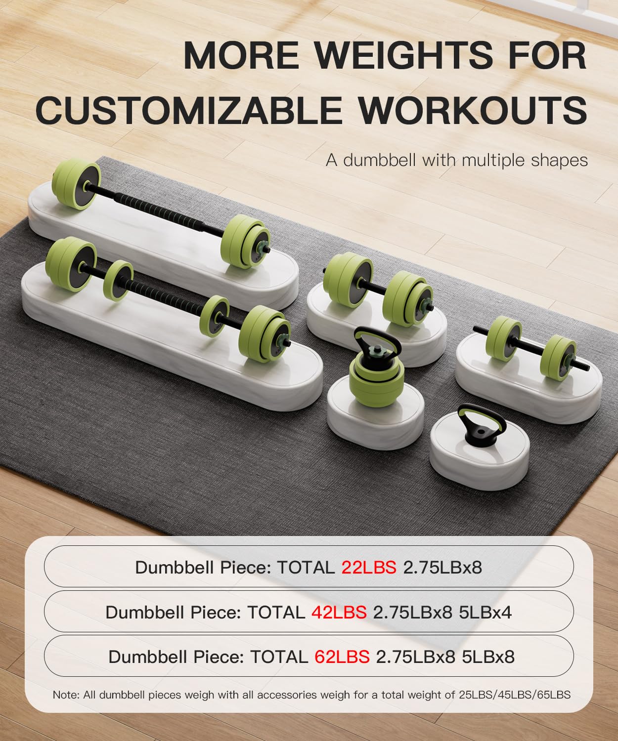 Adjustable Dumbbell Set 22/42/62LBS, 5-in-1 Free Weight Set Used as Dumbbell，Kettlebell,Barbell, Push-Up Stand,Fitness Exercises for Home Gym Suitable Men/Women