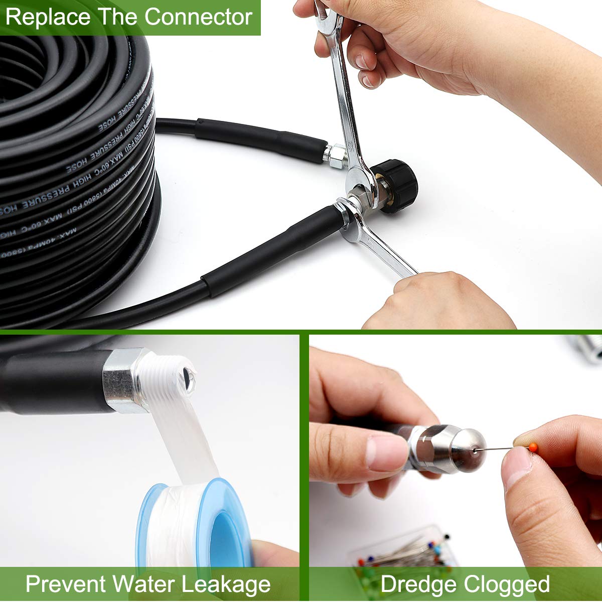 West Bay 150FT Sewer Jetter Kit for Pressure Washer, 5800PSI Drain Cleaner Hose 1/4 Inch NPT, Corner, Rotating and Button Nose Sewer Jetting Nozzle Waterproof Tape Pearl Corsage Pin with 2Pcs Spanner