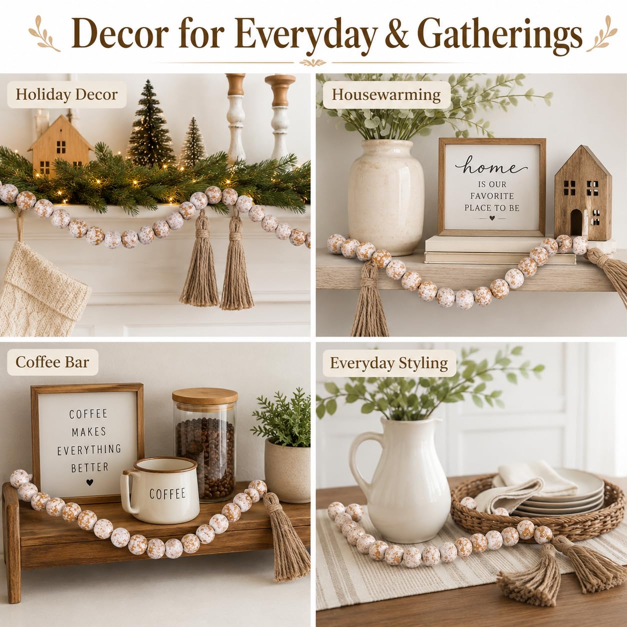 IMIKEYA Wooden Beads Garland: Farmhouse Wood Bead Garland with Tassels Boho Wall Hanging for Home Decor Tiered Tray Rustic Wood Prayer for Coffee Table Decor