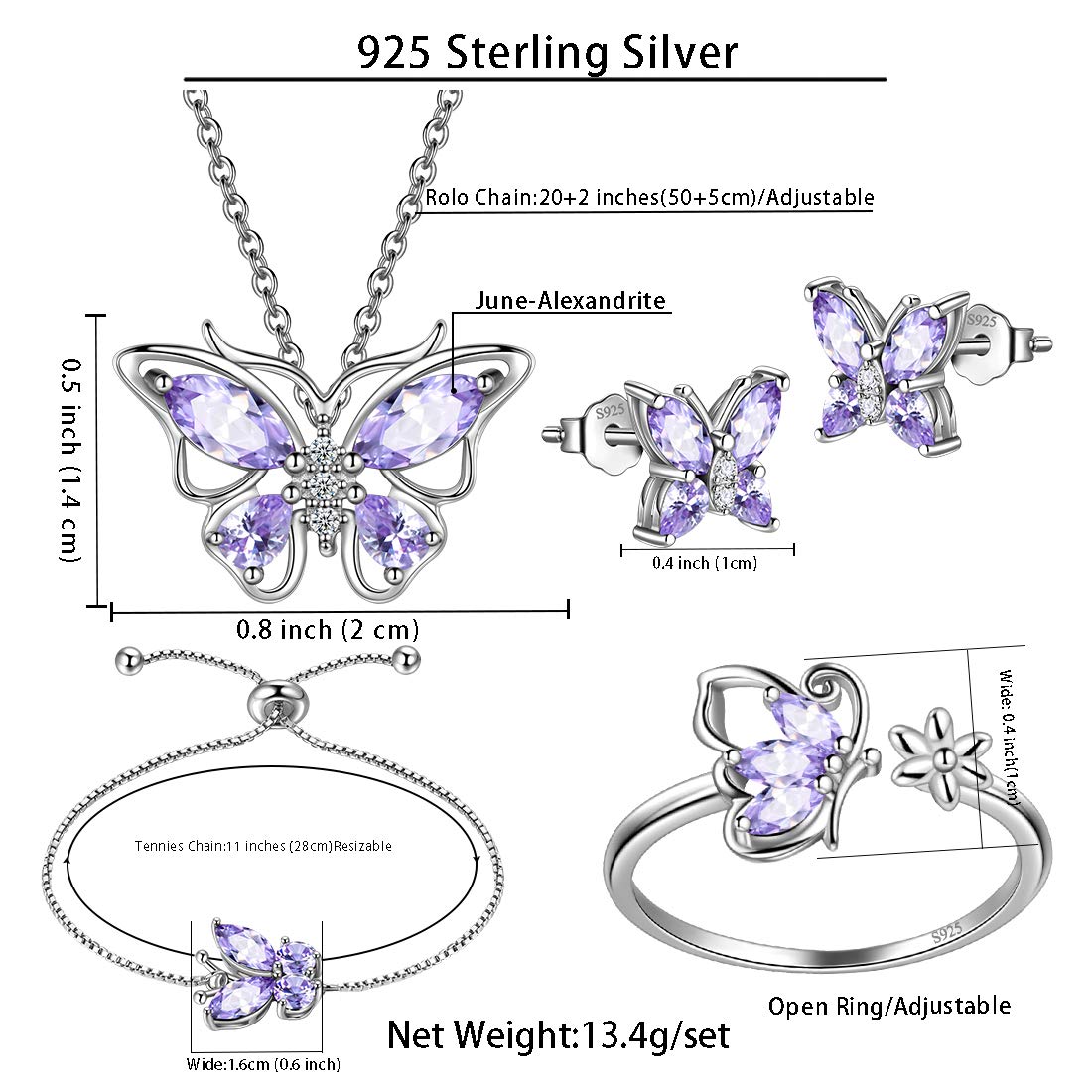 Hipunk Butterfly Blue Jewelry Sets Birthstone Women 925 Sterling Silver June-Alexandrite Birth Stone Animal Butterflies Jewelry Sets/Earring/Ring/Bracelet Set Crystal Birthday Jewelry SS0003U