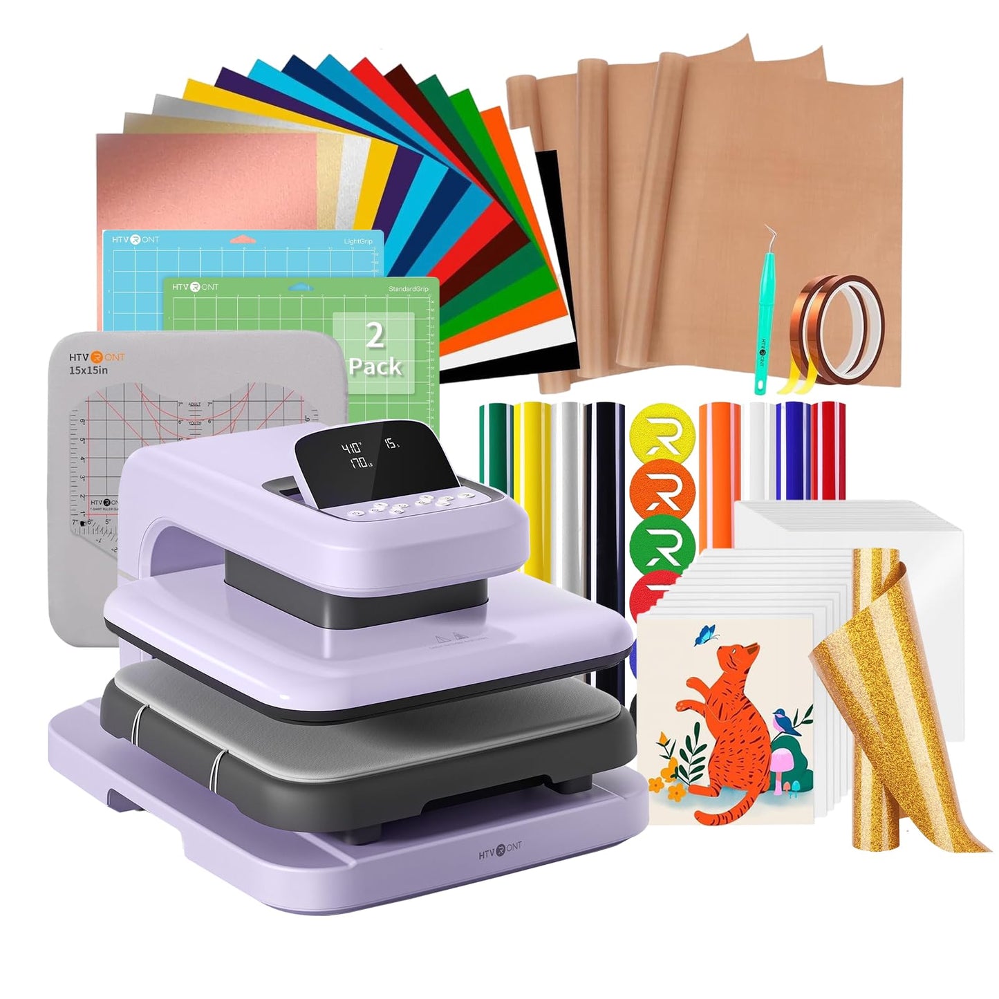 【Premium Bundle】 HTVRONT Automatic Heat Press 2 + HTVRONT Heat Press Accessories Kit + 2 Pack Cutting Mats 12x12 + 8 Pcs 3D Puff Vinyl + 10" x 8ft Gold Glitter HTV Heat Transfer Vinyl