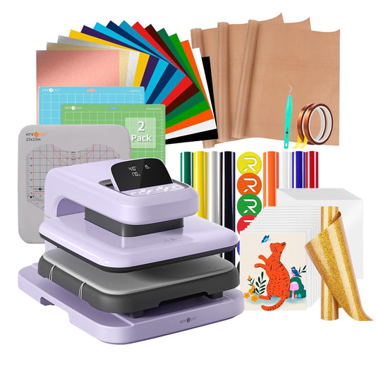 【Premium Bundle】 HTVRONT Automatic Heat Press 2 + HTVRONT Heat Press Accessories Kit + 2 Pack Cutting Mats 12x12 + 8 Pcs 3D Puff Vinyl + 10" x 8ft Gold Glitter HTV Heat Transfer Vinyl