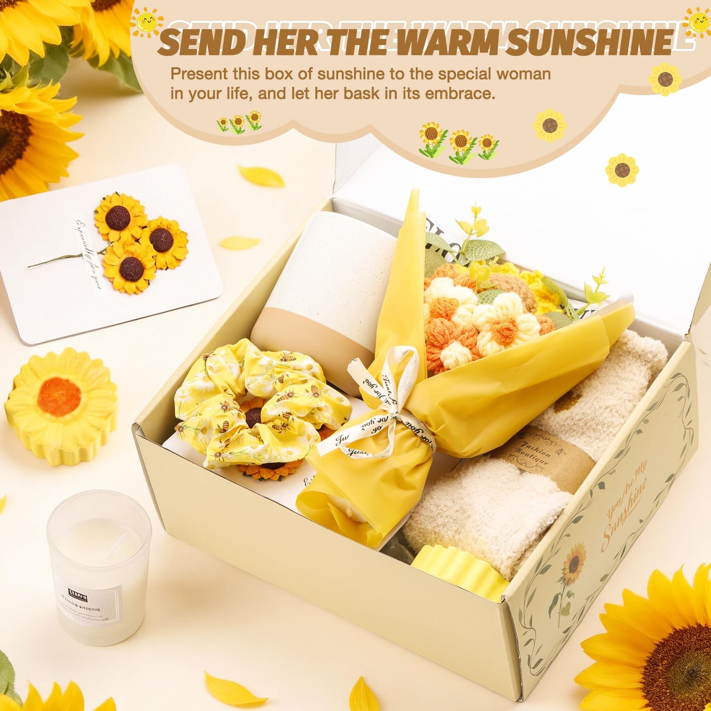 11Pcs Sunflower Birthday Gifts for Women, Get Well Soon Gift Baskets with Spa Gift Set,Inspirational Sunflower Self Care Package, Thinking of You Unique Gifts for Mom Sister Wife