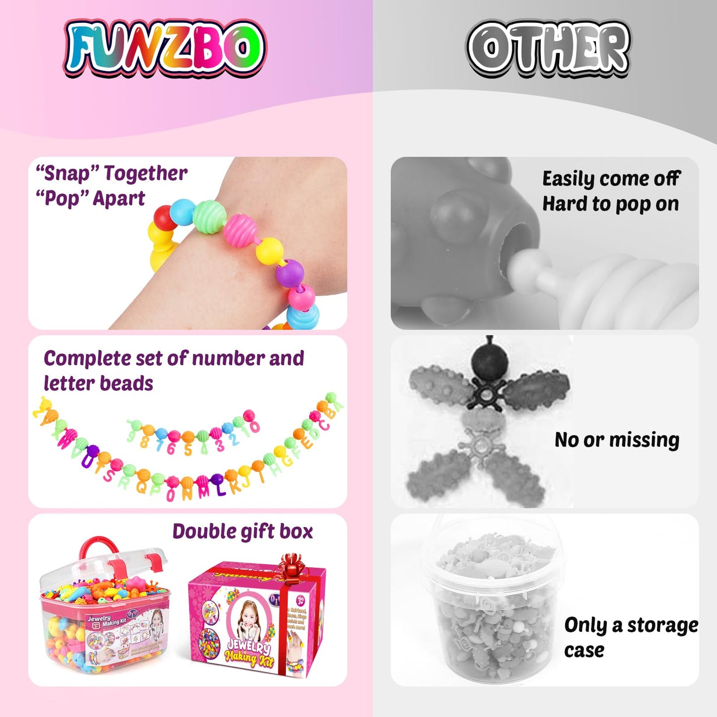 FUNZBO 520+ Snap Pop Beads - Jewelry Making Beads Charms Style Craft Kit, Arts and Crafts for Kids Ages 4-8, Toys for 3 4 5 6 7 Years Old Girls Birthday Gifts Ideas, Bracelet Necklace Ring for Girls