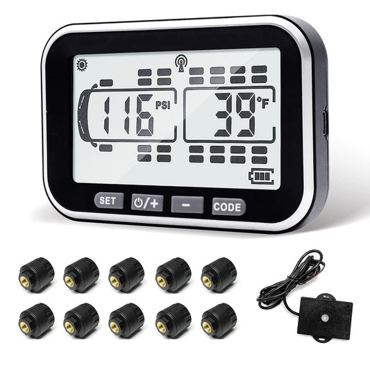 MIRAIDON 4.3" Trailer Tire Pressure Monitoring System with 10 Sensors, RV TPMS with 5 Alert Modes, Solar Power Wireless TPMS, 80ft Sensing Distance Tire Pressure Monitor for Trailers, Heavy Trucks