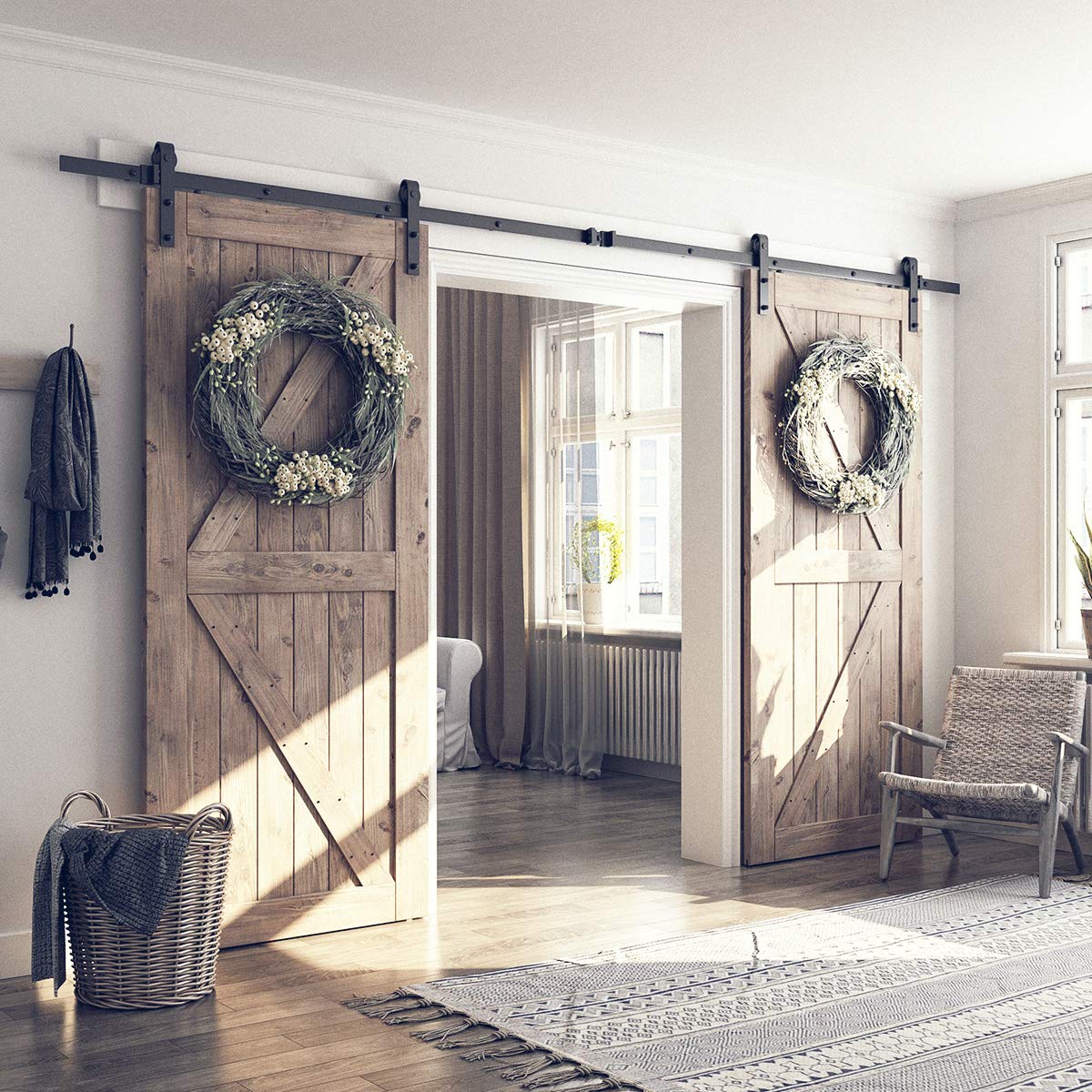 SMARTSTANDARD 12 Feet Heavy Duty Double Sliding Barn Door Hardware Kit with 2 Pack Handles