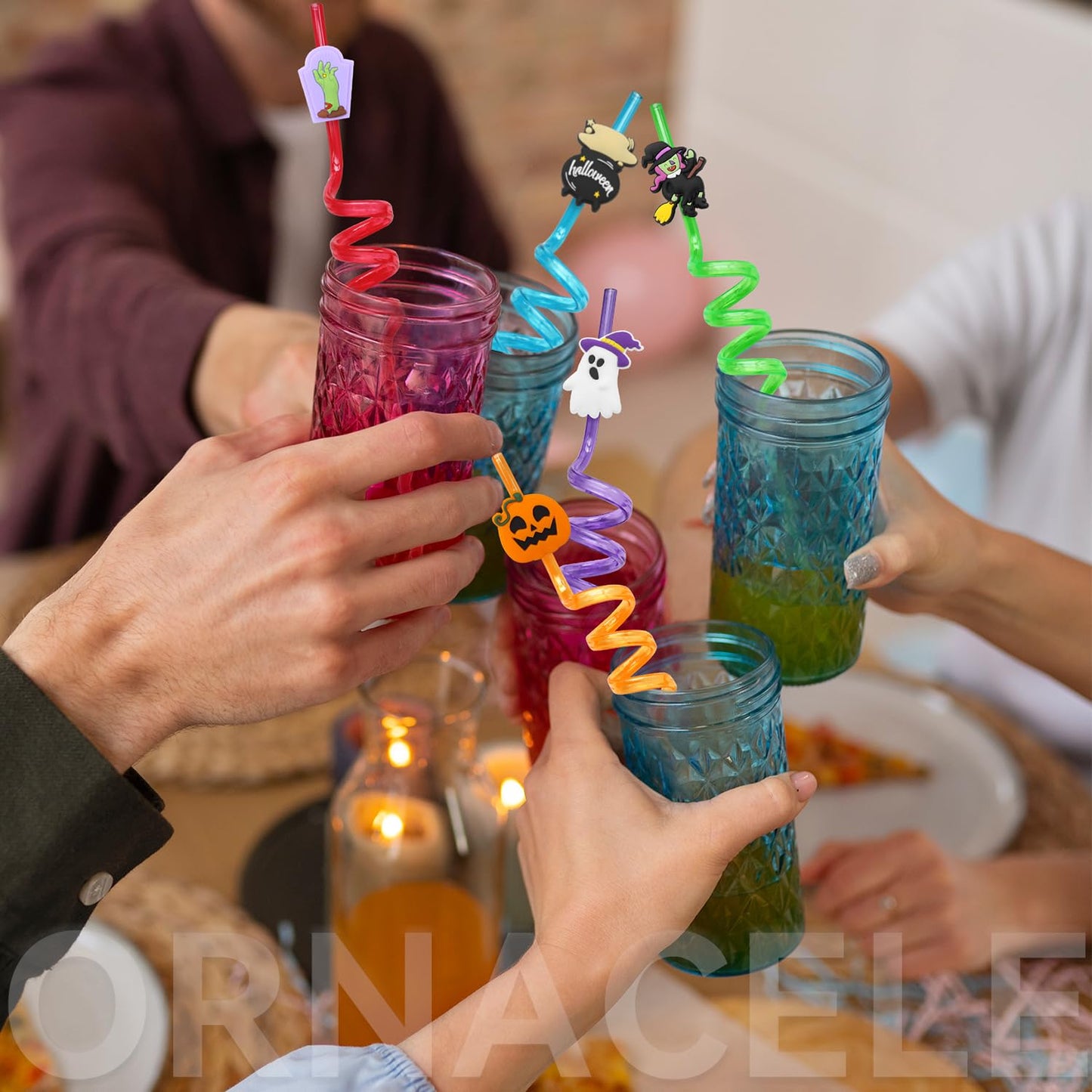 48 Pieces Halloween Reusable Drinking Straws, Grave Ghost Cats Pumpkin Witch Spider Pattern Party Favors Goodie Gifts for Kids Halloween Party Supplies