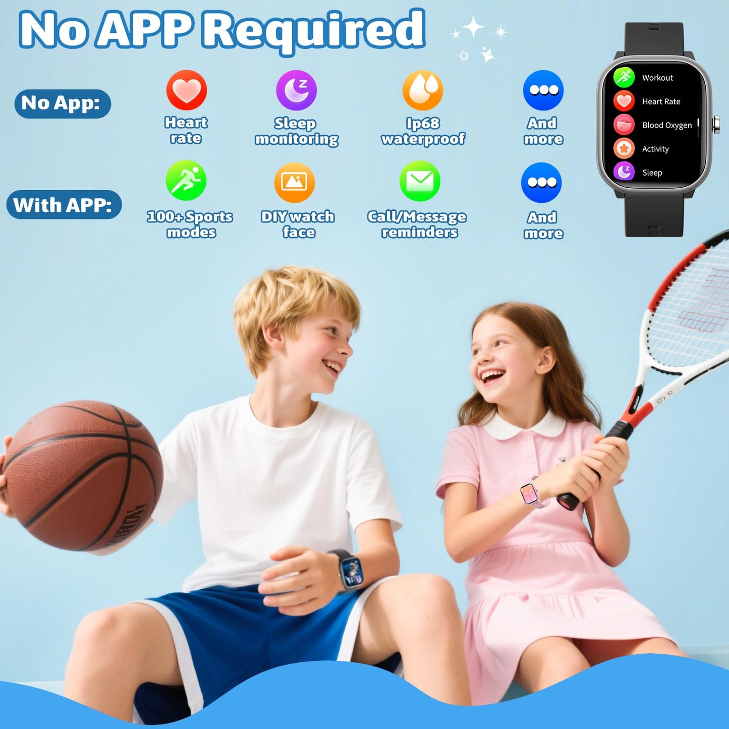 Fikami Smart Watch for Kids Girls Boys No APP/Phone Needed, 1.83" IP68 Waterproof Sport Watch Pedometer, Heart Rate, Sleep Monitor, Step Counter, 12 Puzzle Games for Girls Boys Teens 6-16