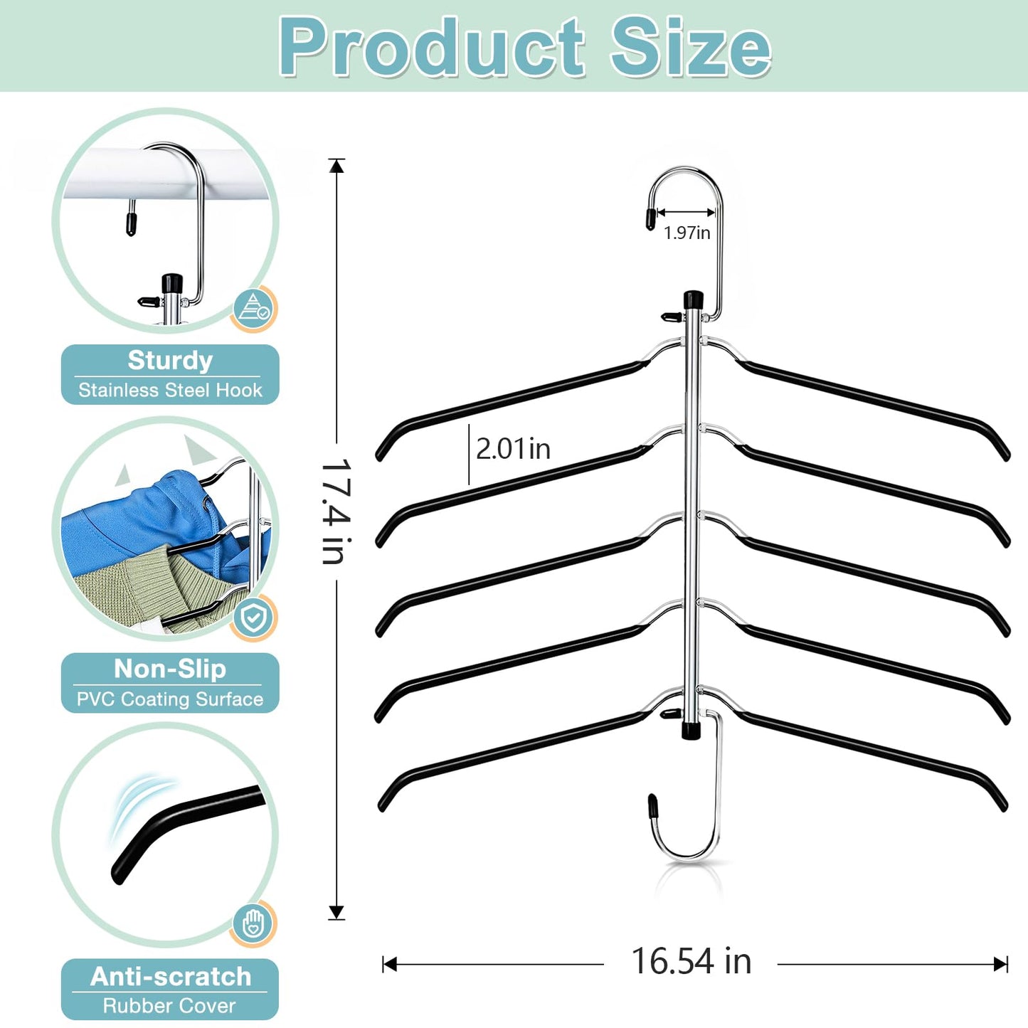 Clothes Hangers Space Saving Shirt Hangers, Lomrsiul Non Slip PVC Coating Multi Blouse Hangers Shirt Organizer for Closet Organizers and Storage for T Shirt Sweater Hoodie Coat Dress Black 2 Pack