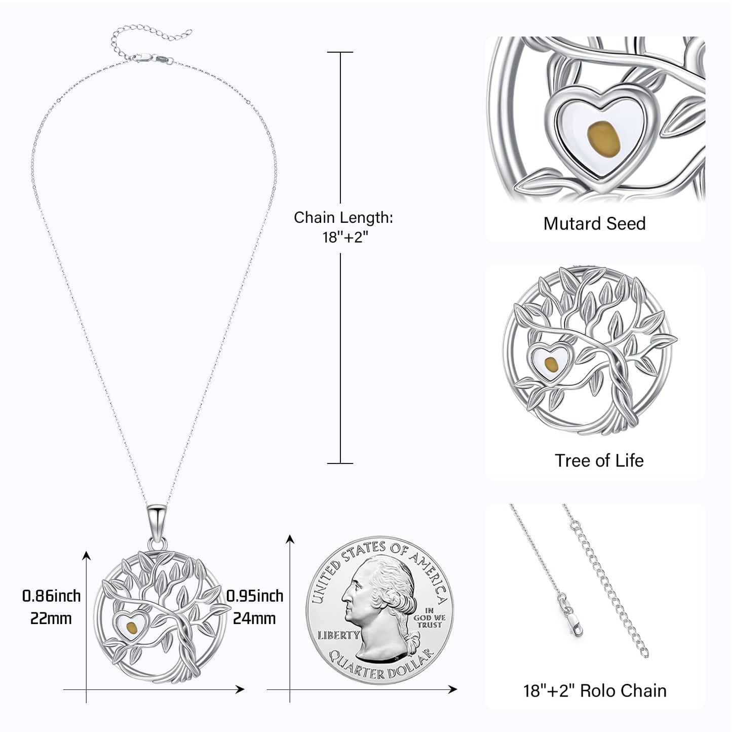 Suiknsn Mustard Seed Necklace 925 Sterling Silver Tree of Life Pendant Necklace Faith Christian Jewelry Gifts for Women Girlfriend